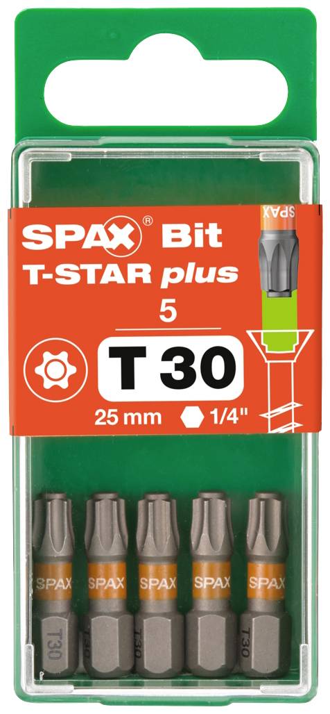 Emballage de 5 embouts T-STAR plus SPAX de 25 mm, taille T30, 1/4 de pouce, dans un étui transparent.