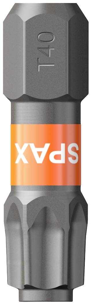 Un embout de tournevis gris de forme hexagonale, avec un anneau orange portant le logo blanc 'SPAX' et l'inscription 'T40'.