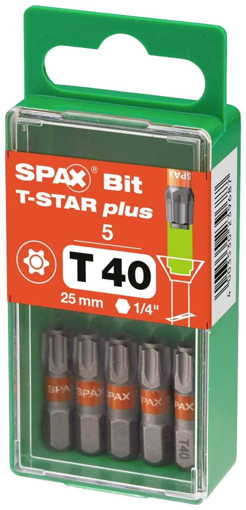 Embout SPAX T-STAR plus T40, lot de 5 pièces, 25 mm, 1/4 pouce. Emballage contenant cinq embouts pour tournevis.