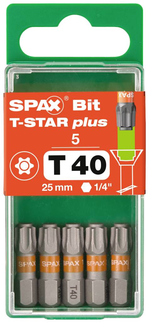 Cinq embouts SPAX T-STAR plus T40 dans un emballage vert avec une étiquette orange, adaptés pour des vis de 25 mm 1/4 de pouce.