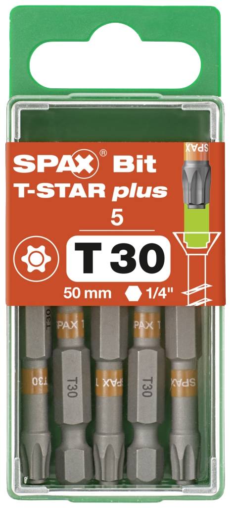 Boîte de 5 embouts SPAX T-STAR plus, taille T30, longueur 50 mm, entraînement 1/4