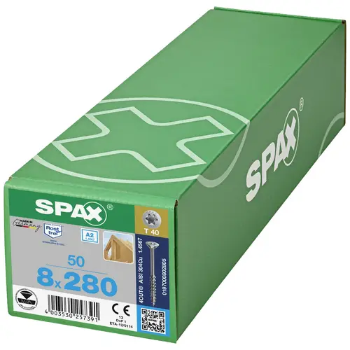 SPAX 0197000802805 Vis à bois 8 mm 280 mm T-STAR plus acier inoxydable A2 50 pc(s) SPAX 0197000802805 Vis à bois 8 mm 280 mm T-STAR plus acier inoxydable A2 50 pc(s)