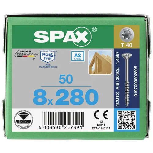 SPAX 0197000802805 Vis à bois 8 mm 280 mm T-STAR plus acier inoxydable A2 50 pc(s) SPAX 0197000802805 Vis à bois 8 mm 280 mm T-STAR plus acier inoxydable A2 50 pc(s)