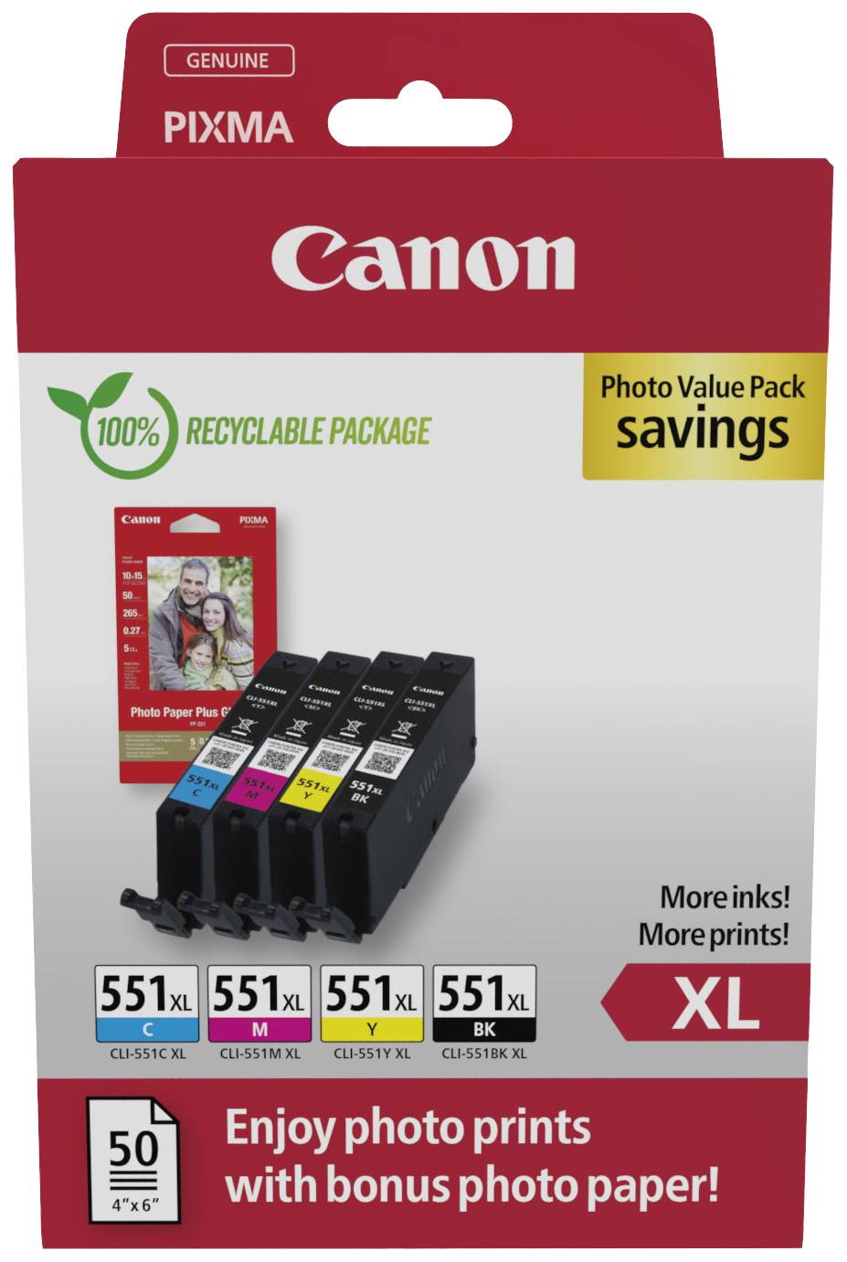 Canon Encre CLI-551XL BK/C/M/Y Photo Value Pack d'origine pack bundle noir, cyan, magenta, jaune 6443B008