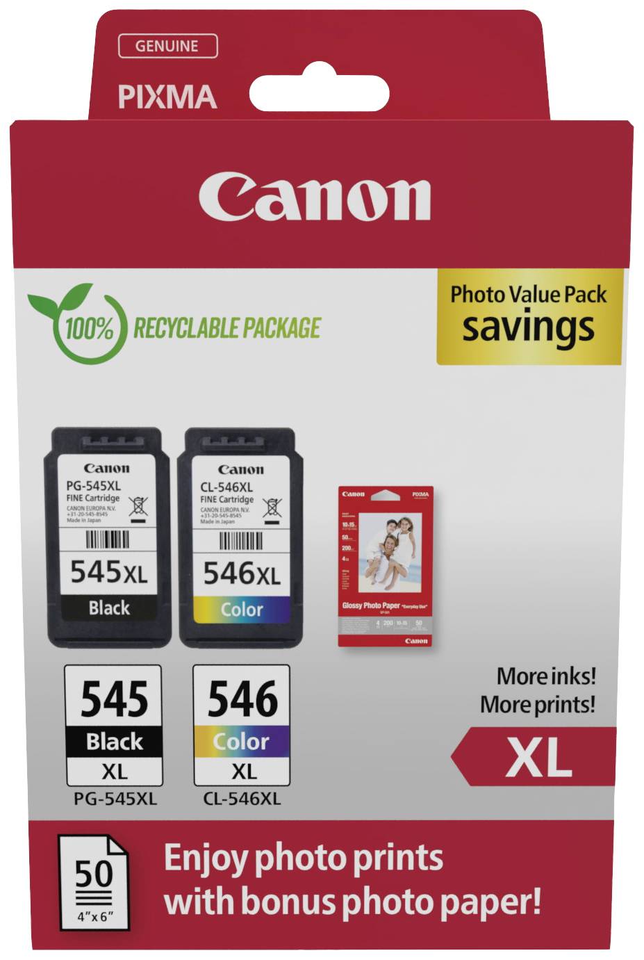Canon Encre PG-545XL/CL-546XL Photo Value Pack d'origine paquet de 2 noir, cyan, magenta, jaune 8286B011