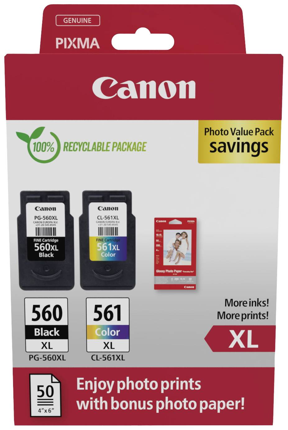 Canon Encre CRG PG-560XL/CL-561XL Photo Value Pack d'origine paquet de 2 noir, cyan, magenta, jaune 3712C008