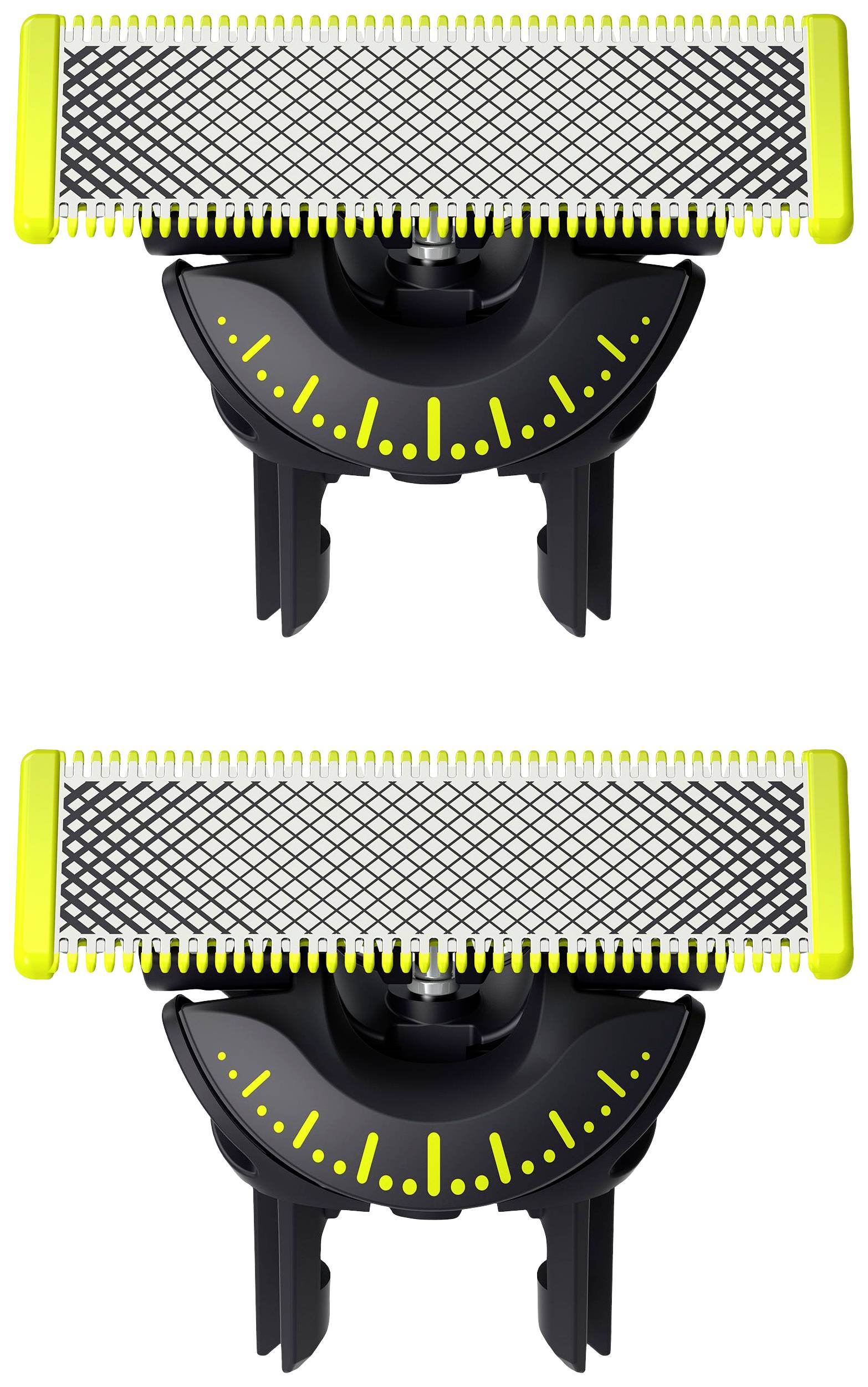 Deux lames de rechange avec des bords jaunes pour un rasoir, disposées l'une sur l'autre. Elles sont conçues pour un rasage en profondeur.