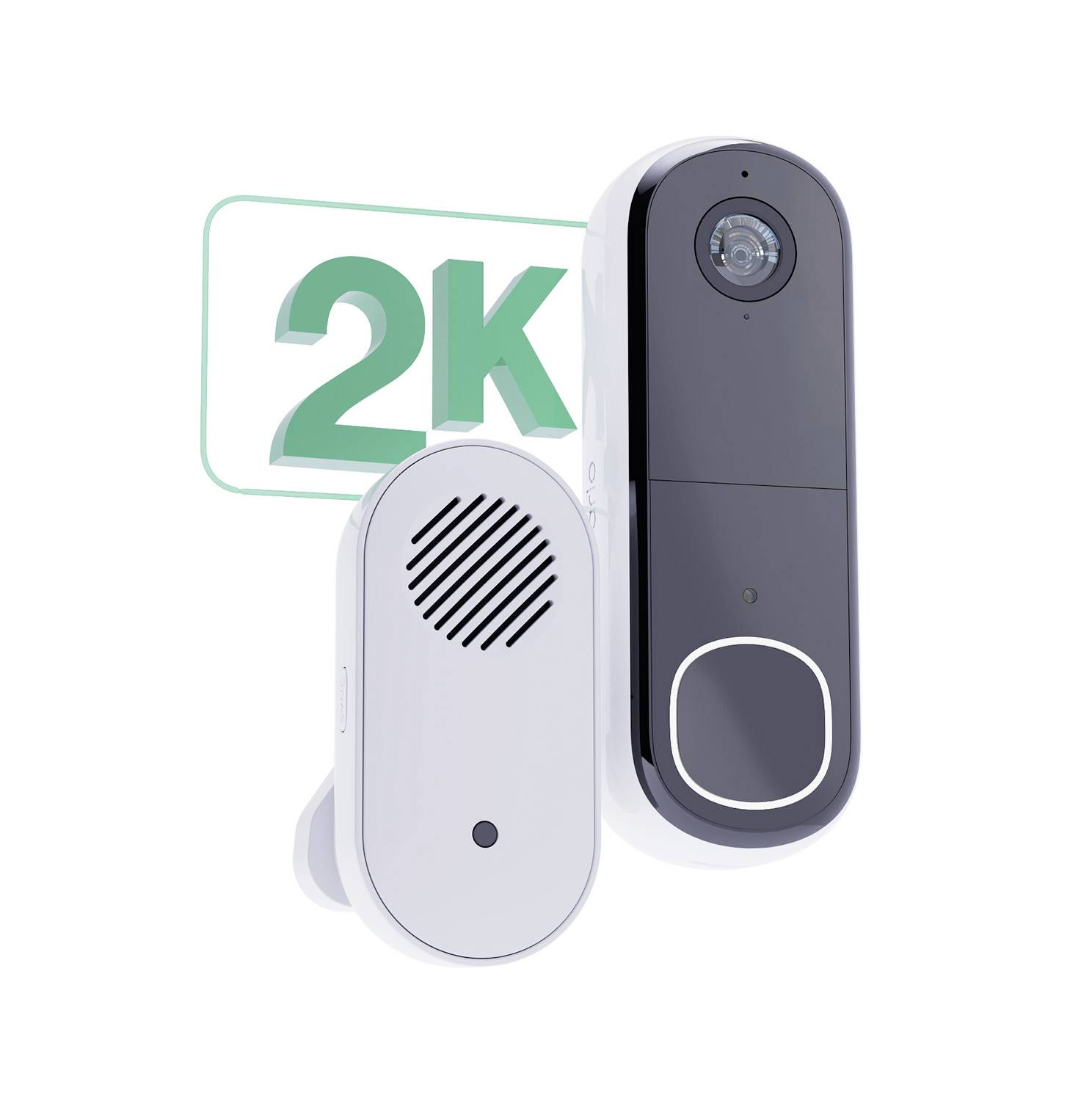 Sonnette sans fil en qualité 2K ; affiche les vues avant et arrière. À gauche, le haut-parleur, à droite, la caméra avec bouton.