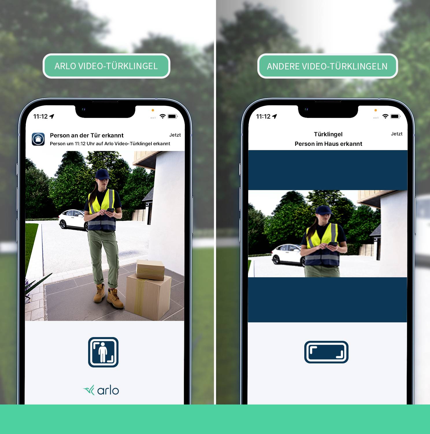 Un smartphone affiche deux applications. À gauche : 'Arlo' détecte une personne à la porte. À droite : Une autre sonnette vidéo signale une personne à l'intérieur de la maison.