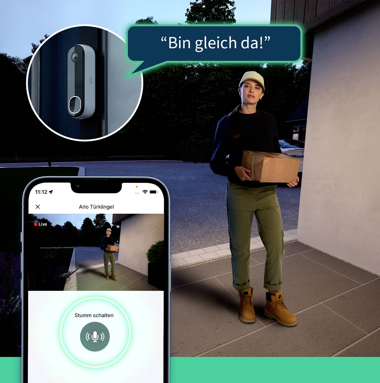 Une personne se tient devant la porte avec un colis. Sur l'écran d'un téléphone portable, l'application de sonnette est visible. Texte : 'J'arrive !'