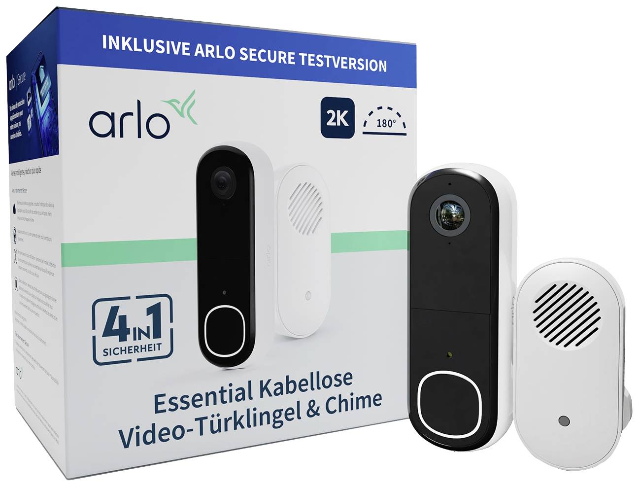 'Arlo Essential sonnette vidéo sans fil & Carillon' à côté de son emballage, qui présente les fonctionnalités principales comme la résolution 2K.