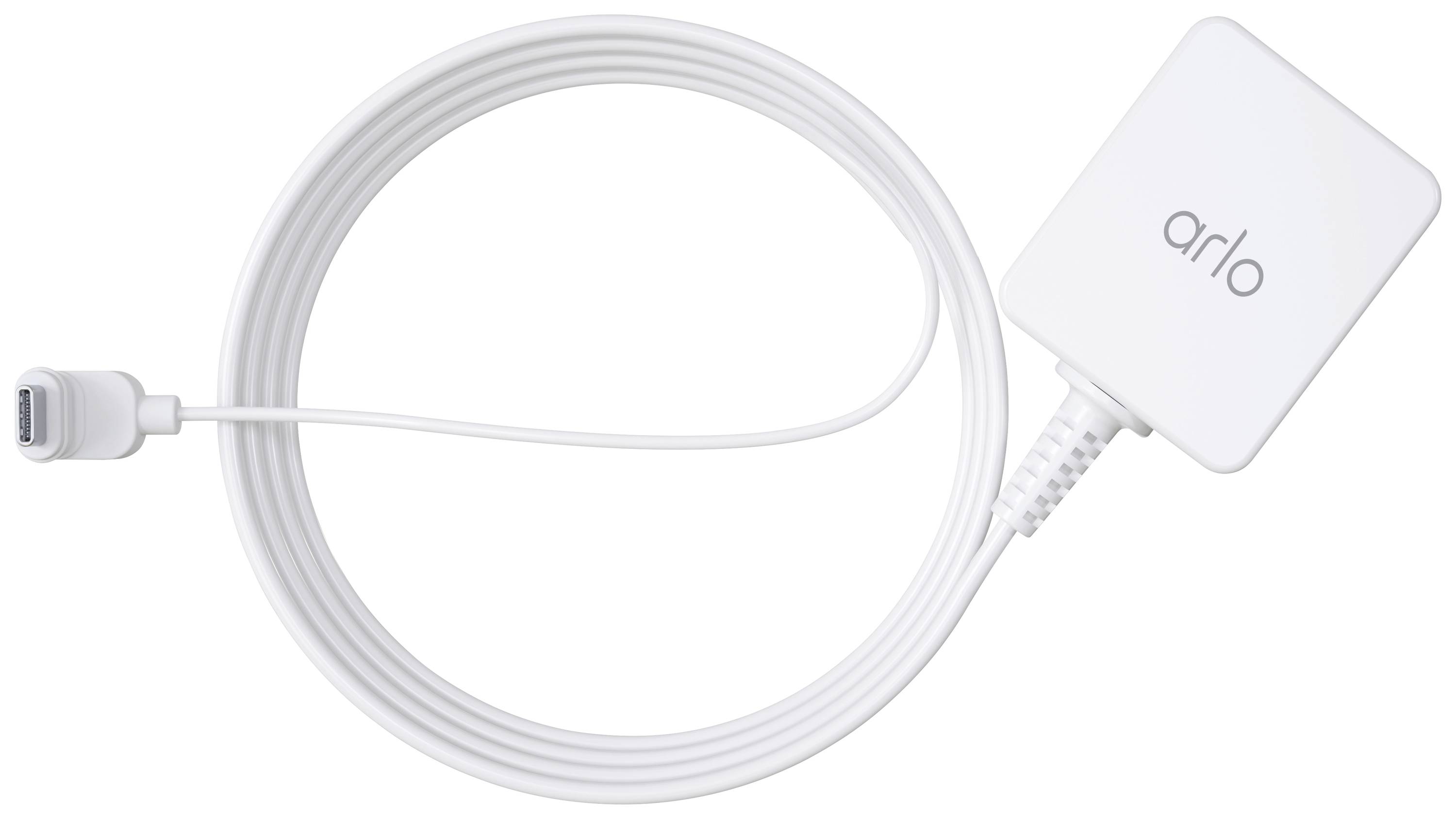 Un câble de charge blanc avec un adaptateur rectangulaire sur lequel est inscrit 'arlo'. Le câble possède un connecteur spécial à une de ses extrémités.