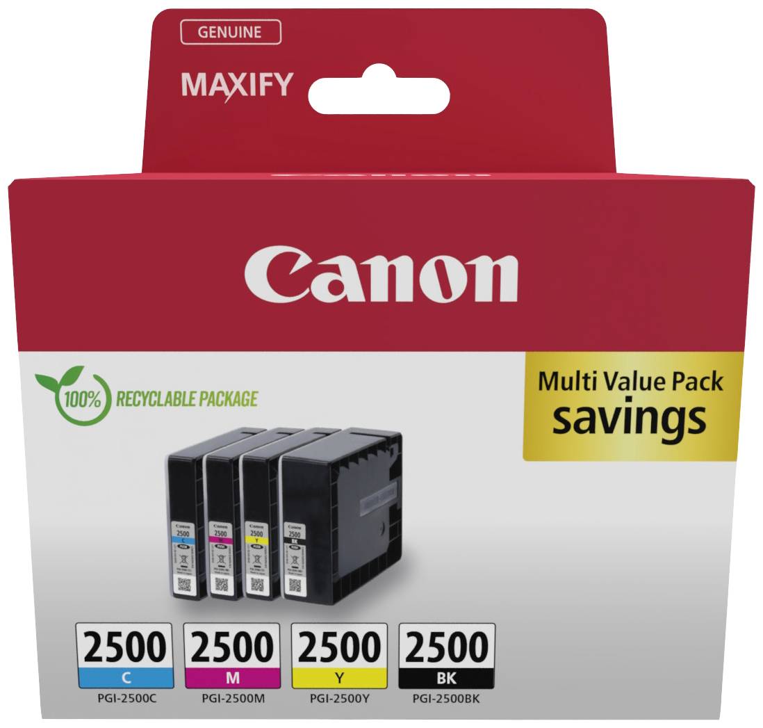L'emballage présente des cartouches d'imprimante Canon MAXIFY, recyclables, dans les couleurs Cyan, Magenta, Jaune et Noir. Pack Multi Valeur.