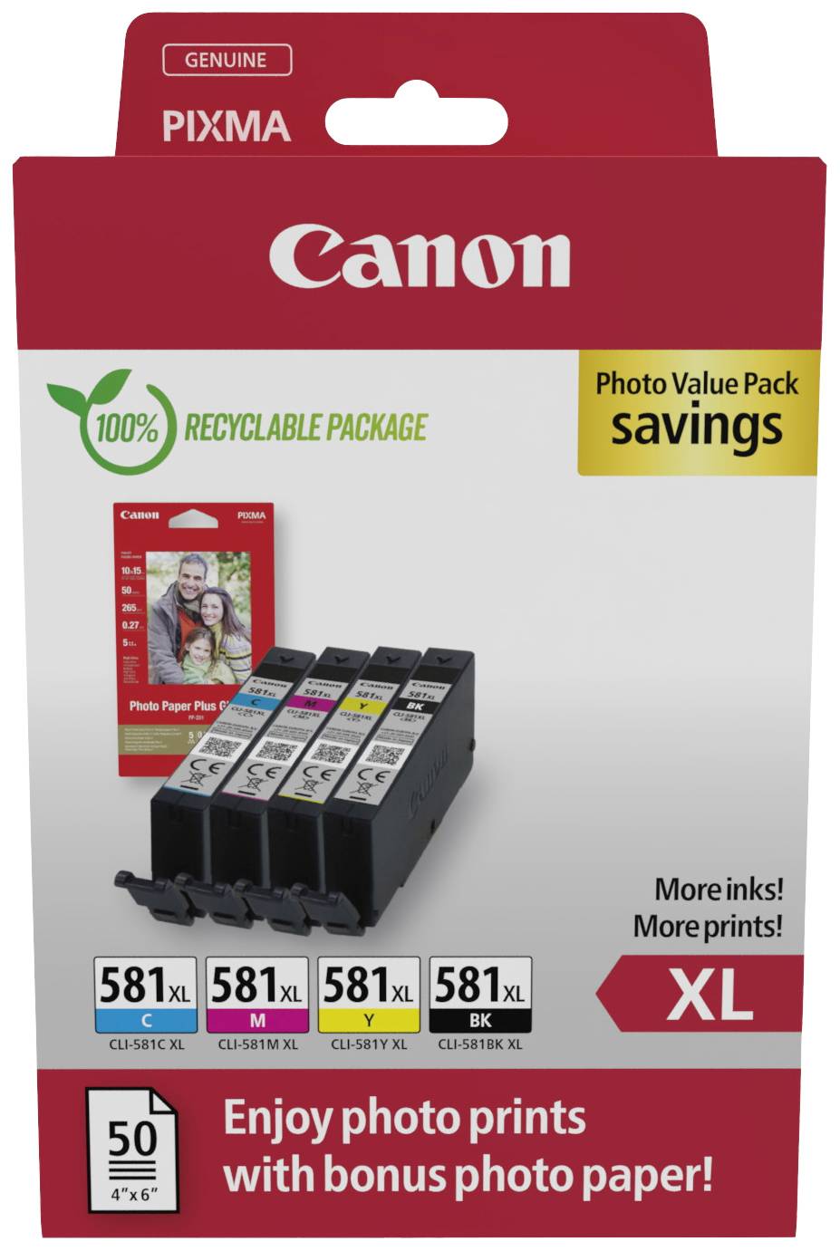 Emballage de produit pour cartouches d'imprimante Canon ; présente cinq modèles de cartouches et un pack bonus de papier photo. Emballage 100% recyclable.