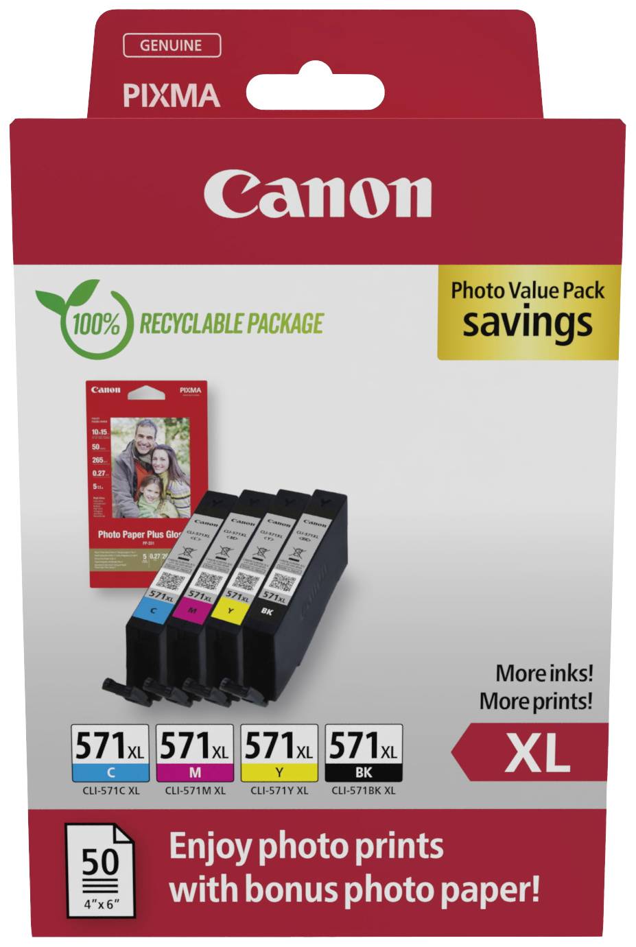Canon Encre CLI-571XL BK/C/M/Y Photo Value Pack d'origine pack bundle noir, cyan, magenta, jaune 0332C006