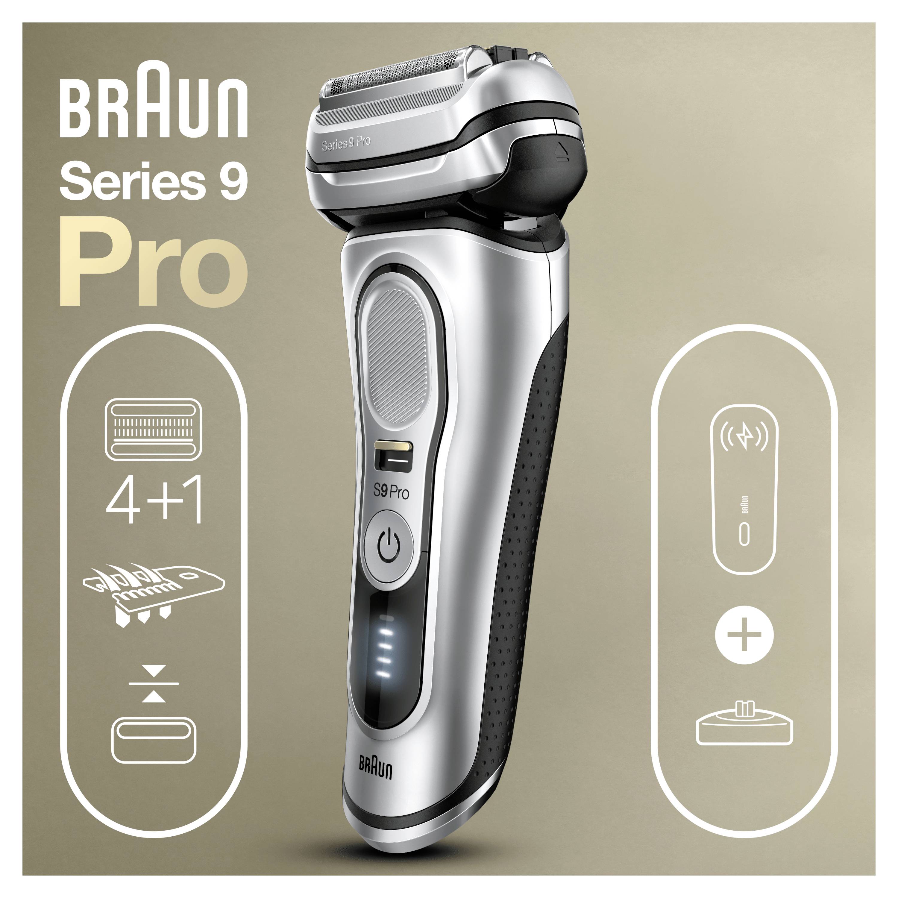 Rasoir électrique Braun Series 9 Pro sur fond beige. Caractéristiques mises en avant : 4+1 lames, modèle S9 Pro, charge sans fil.