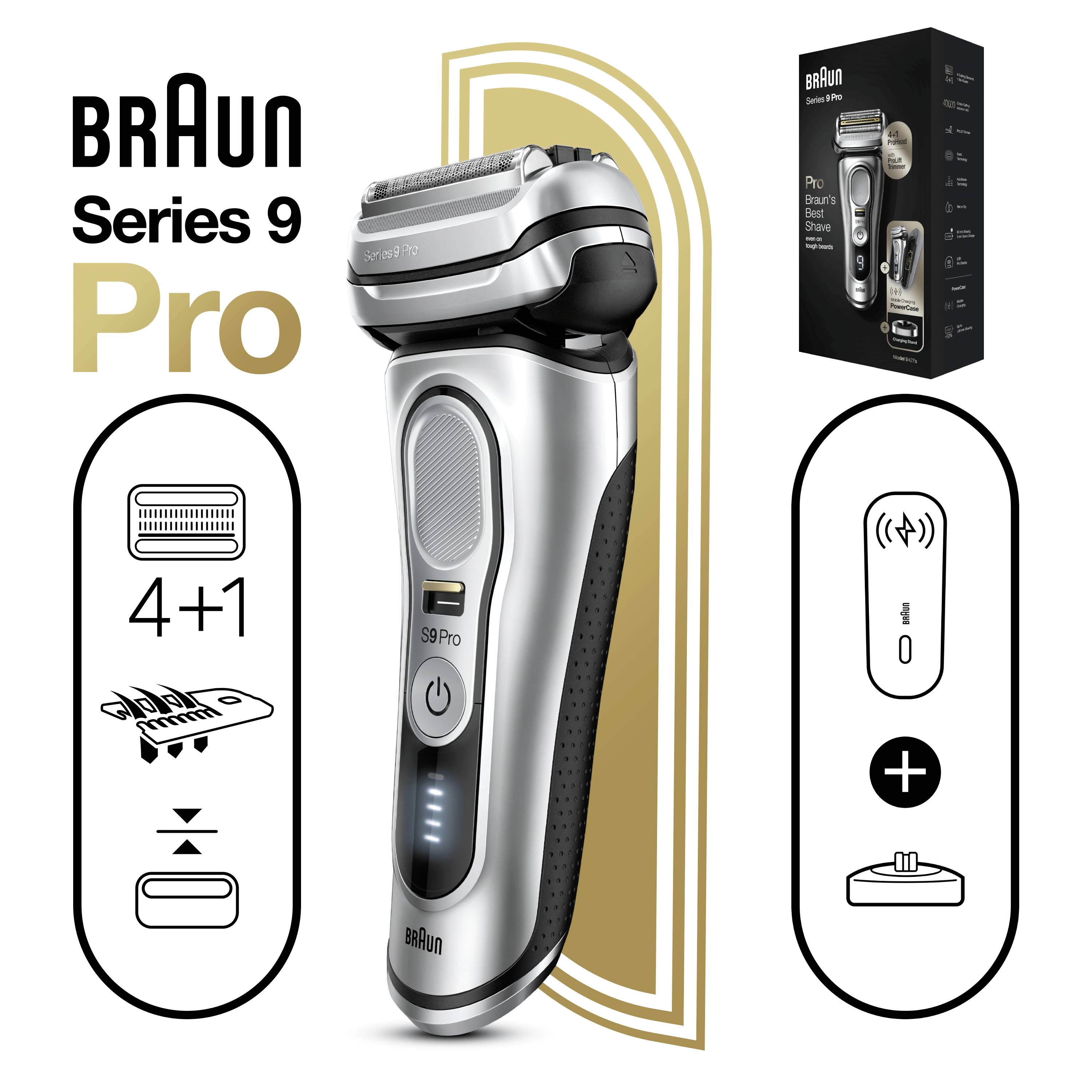 Rasoir électrique Braun Series 9 Pro en argent, présenté avec son emballage. Comprend un système de coupe 4+1 et sa station de charge. Adapté pour un rasage précis.