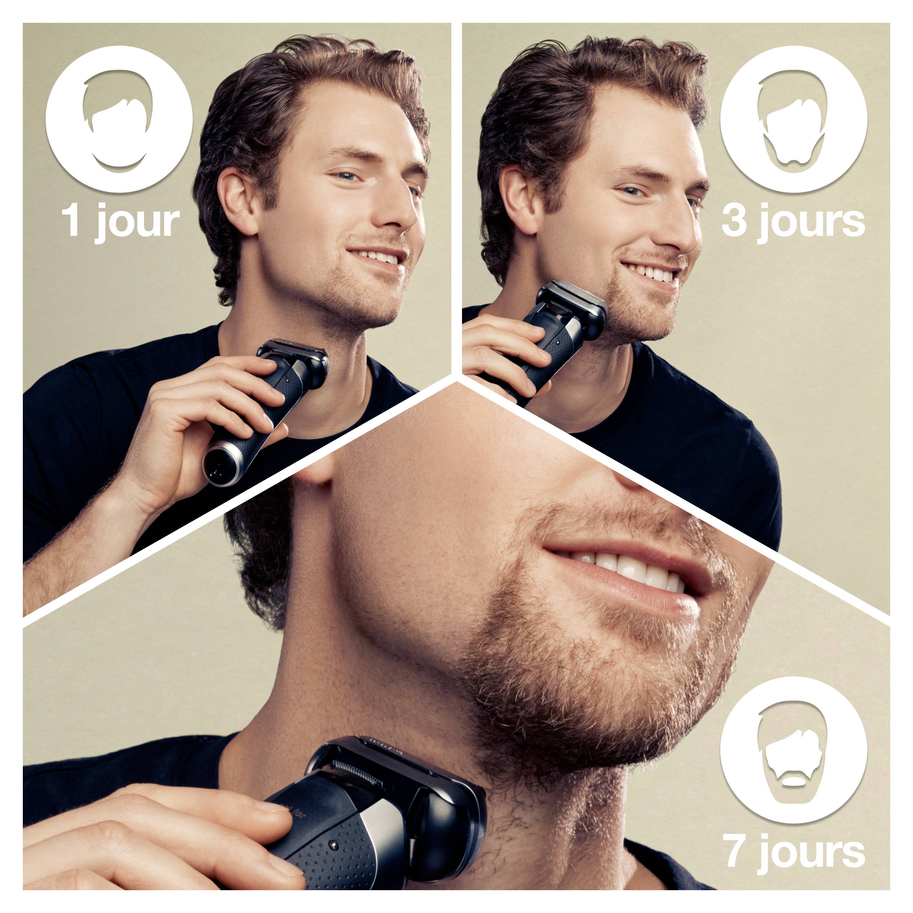 Un homme se rase la barbe avec un rasoir électrique. Le texte sur l'image indique '1 jour', '3 jours', '7 jours' pour comparer la longueur de la barbe.