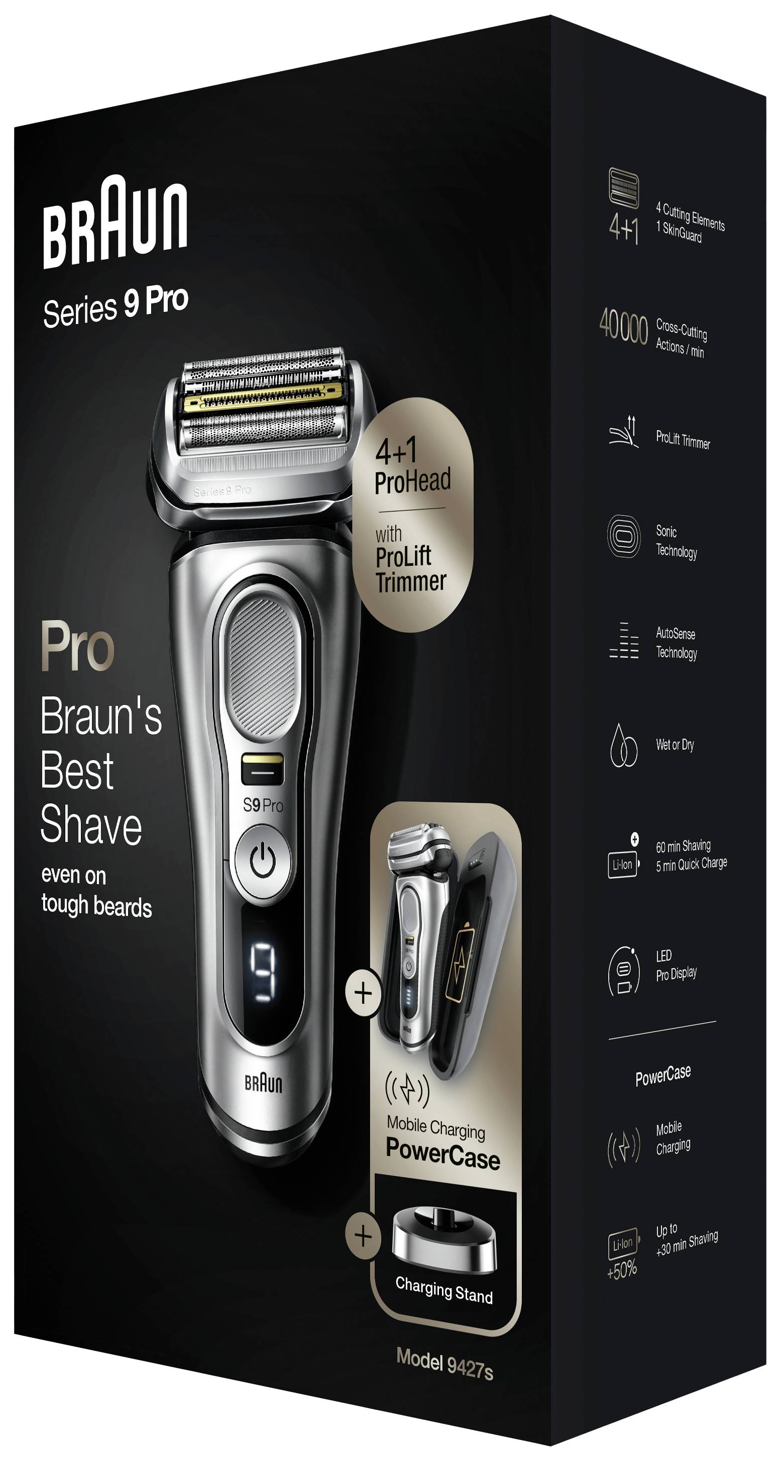 Rasoir électrique Braun Series 9 Pro dans son emballage d'origine. Comprend une tête 4-en-1 avec tondeuse ProLift, chargeur et PowerCase. Adapté aux barbes épaisses. Modèle 9427s.