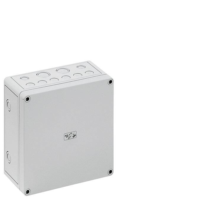 Boîtier électrique rectangulaire gris avec plusieurs entrées rondes sur le dessus, fixé par des vis sur le côté.