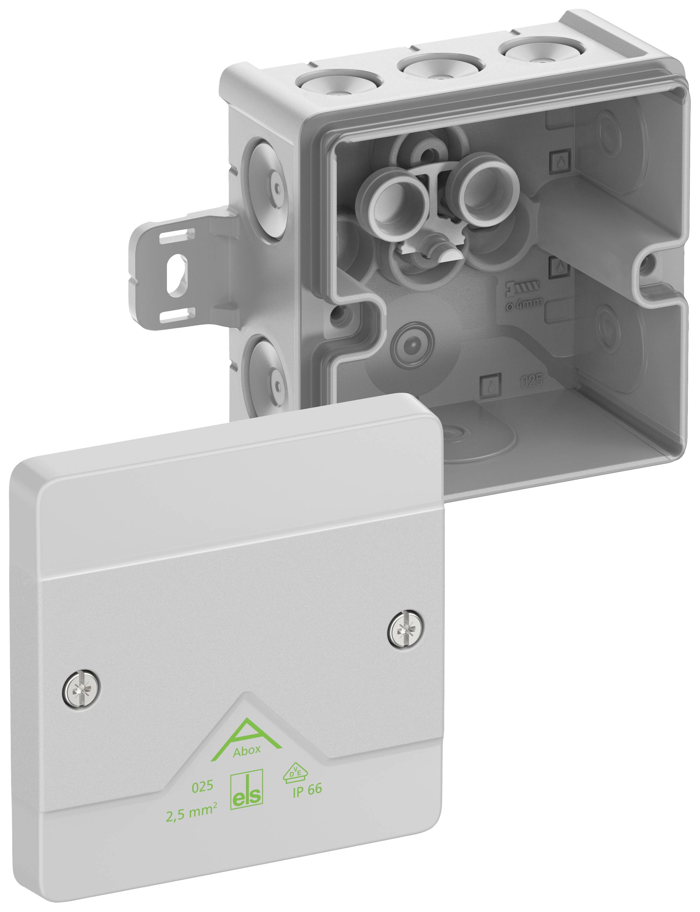Une boîte de dérivation grise avec couvercle retiré, montrant une vue intérieure avec des passe-câbles et des trous de vis, classe de protection IP66.