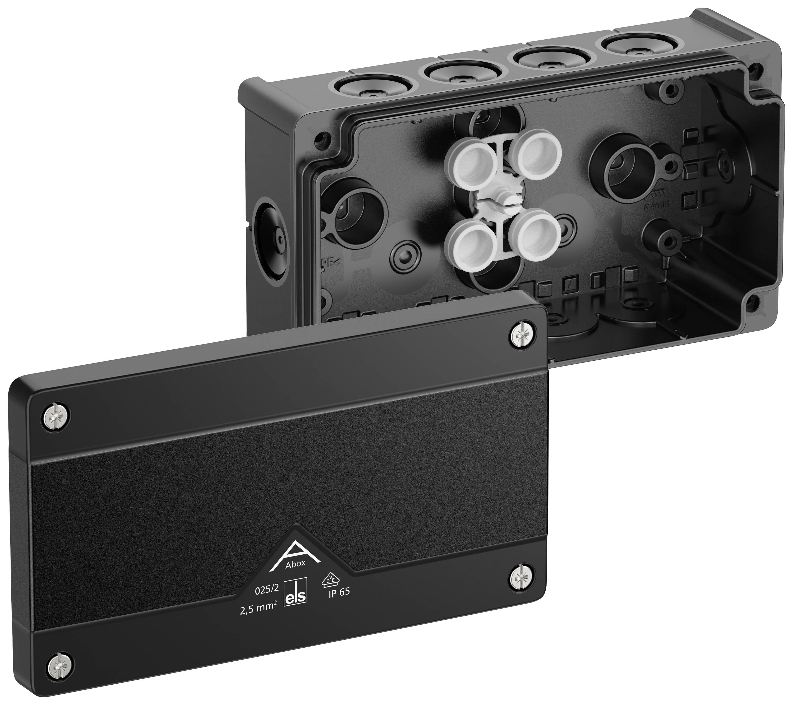 Boîte de dérivation noire avec couvercle ouvert, montrant le presse-étoupe et les bornes de connexion, adaptée aux installations électriques.