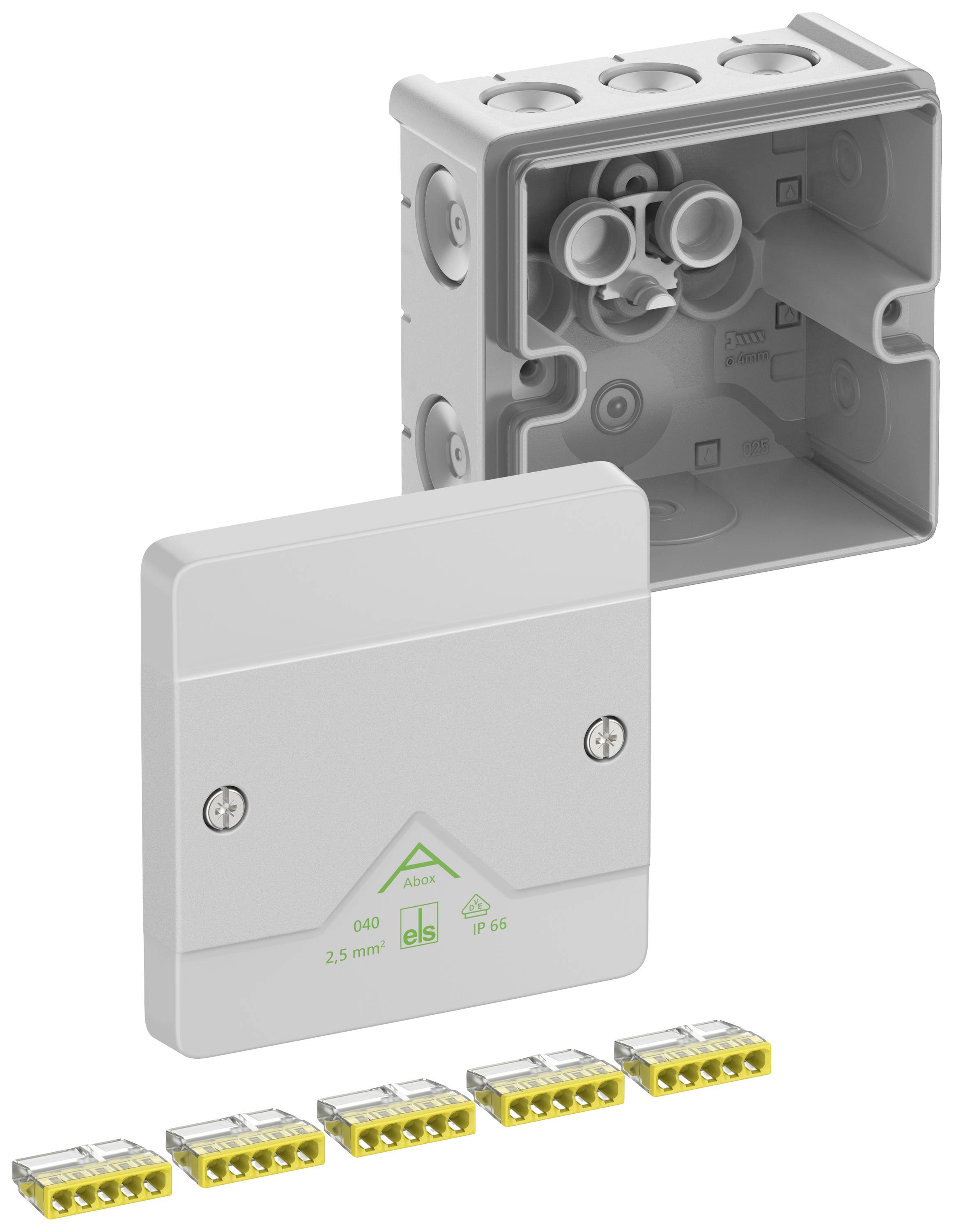 Une boîte de jonction grise avec un couvercle amovible, trois connexions en haut et quatre bornes de câblage jaunes devant. Adapté pour des applications IP65.