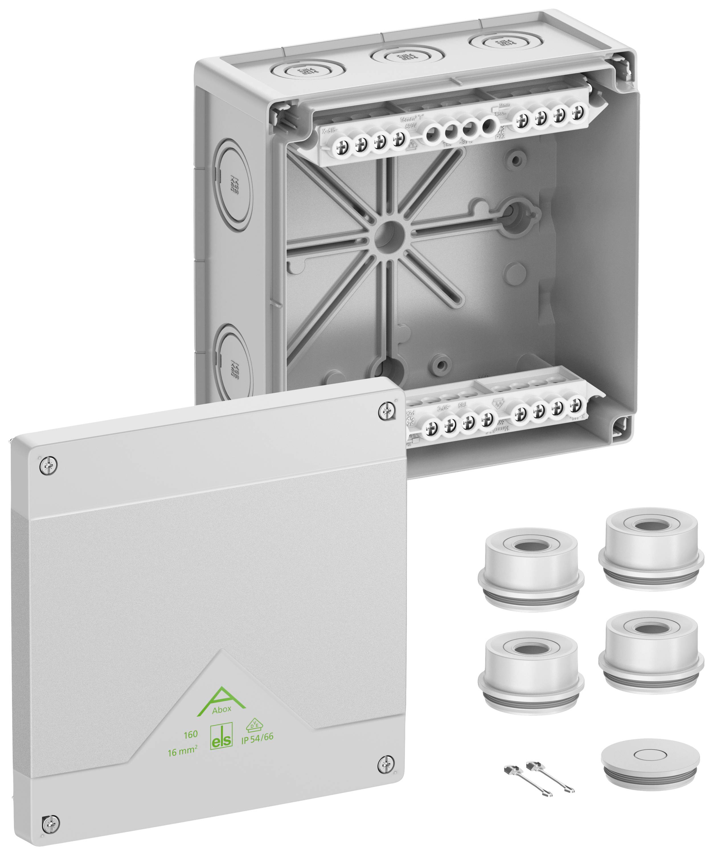 Boîtier de raccordement électrique gris avec couvercle amovible, quatre joints et vis. Adapté pour l'installation de câbles.