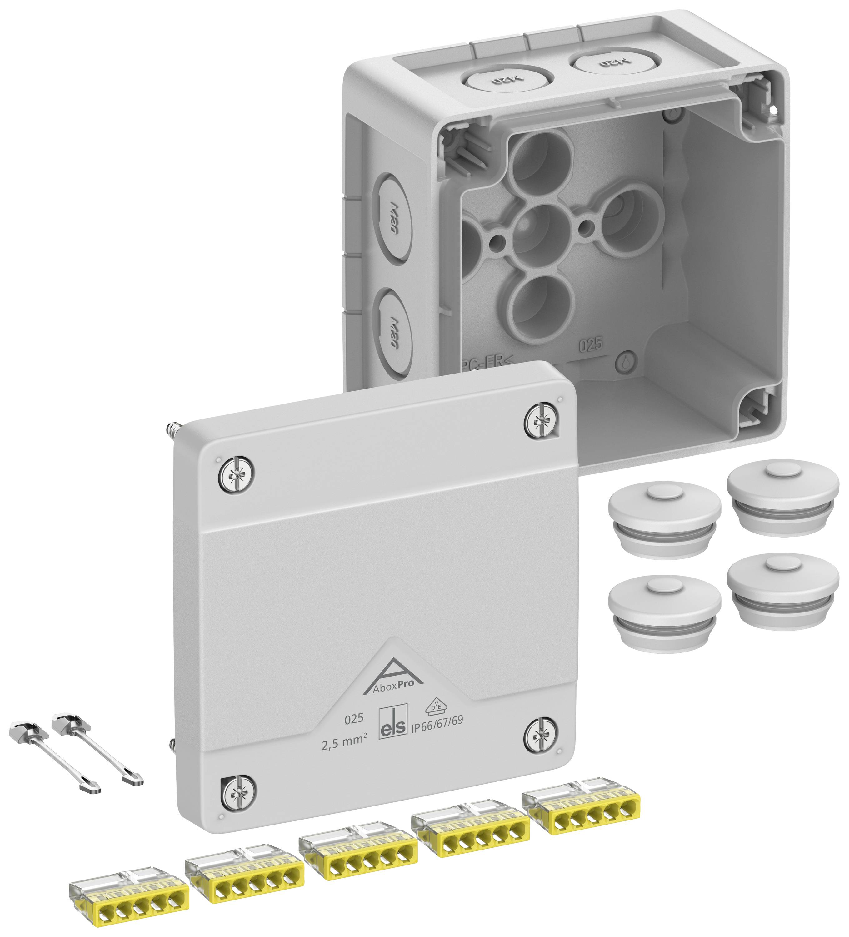 Module gris avec couverture amovible, bornes et vis jaunes. Utilisé pour le câblage sécurisé, vue ouverte et fermée présentée.