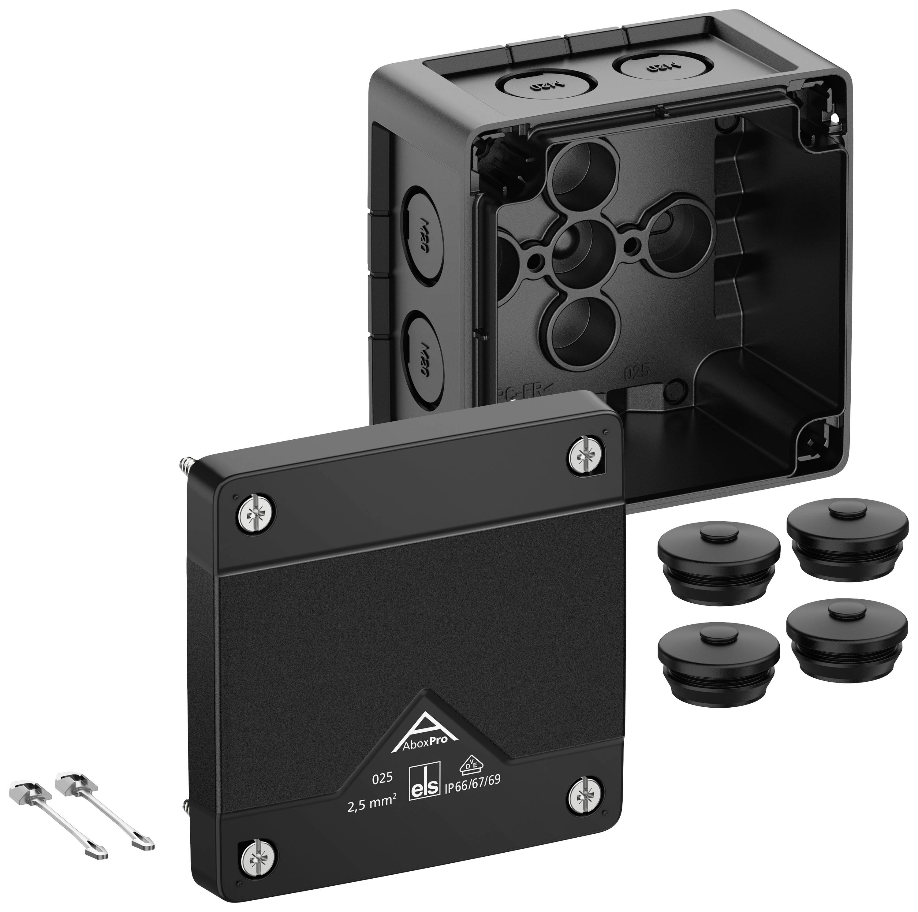 Boîte de dérivation noire avec couvercle amovible, vis et presse-étoupes, certifiée IP65 et adaptée à une utilisation en extérieur.