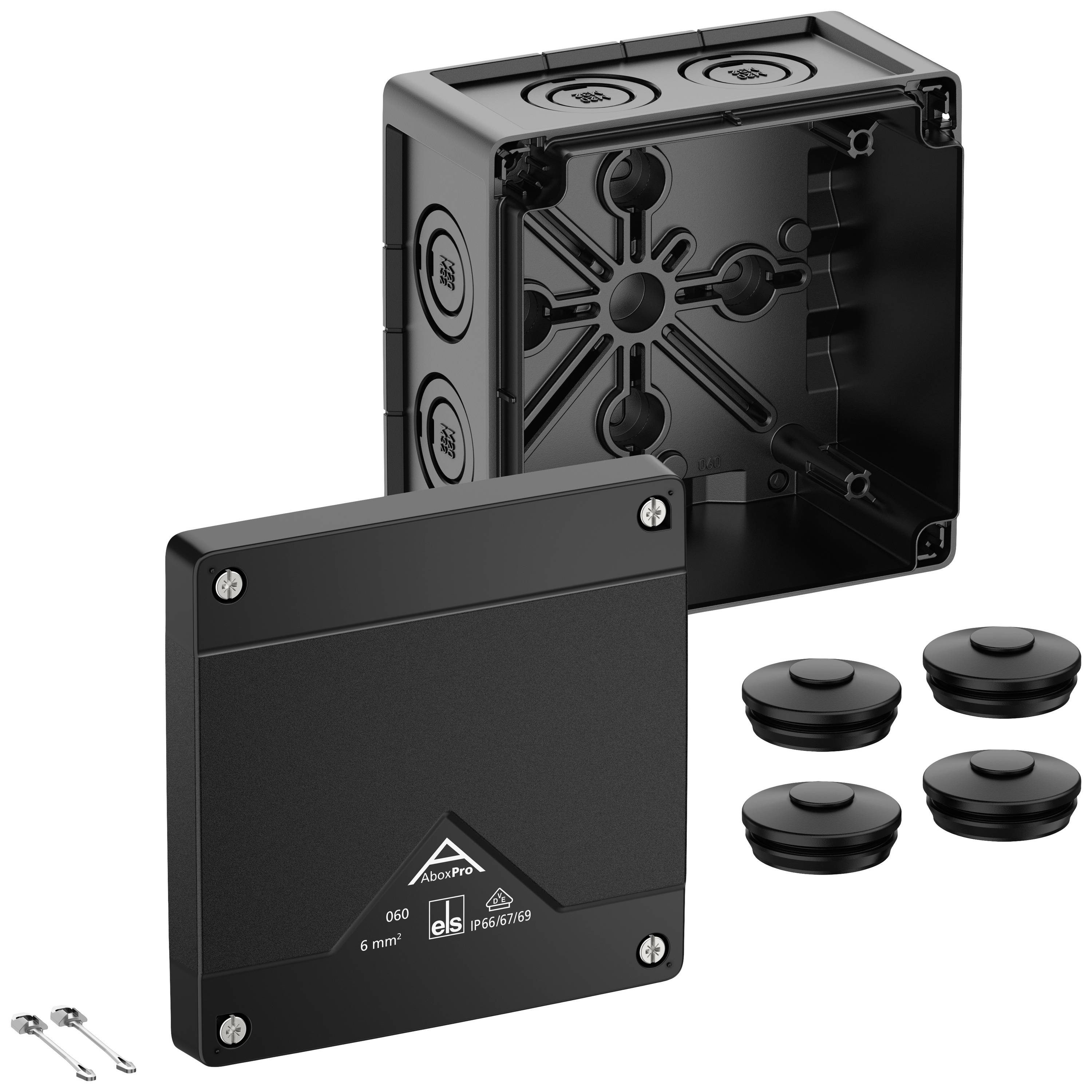 Une boîte de jonction noire ouverte avec un couvercle amovible, entourée de quatre joints d'étanchéité ronds et de deux petites clés à vis.