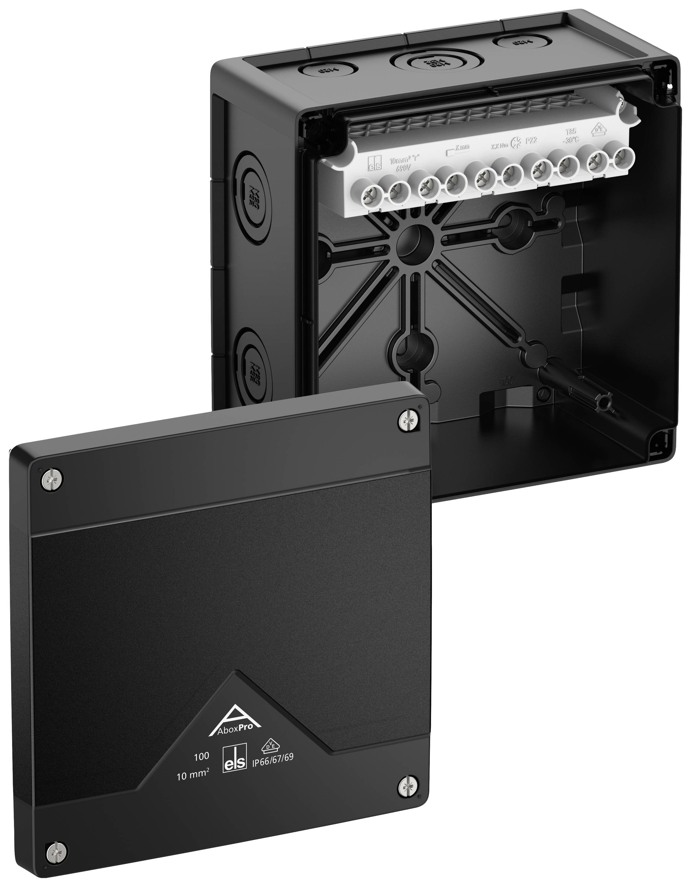Boîte de jonction carrée noire avec couvercle retiré, montrant les composants de câblage internes pour les installations électriques.