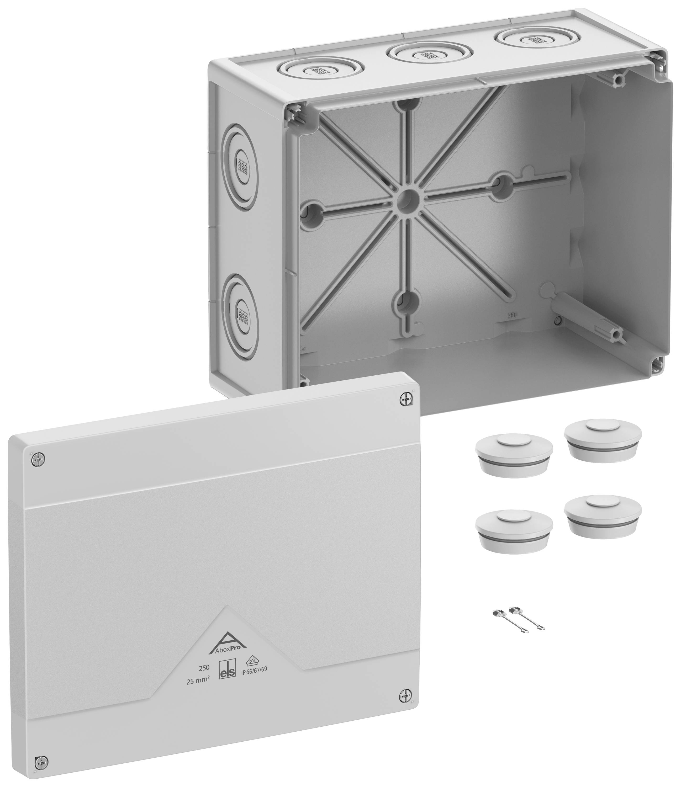 Boîte de dérivation électrique grise avec couvercle amovible, quatre presse-étoupes et deux vis incluses.