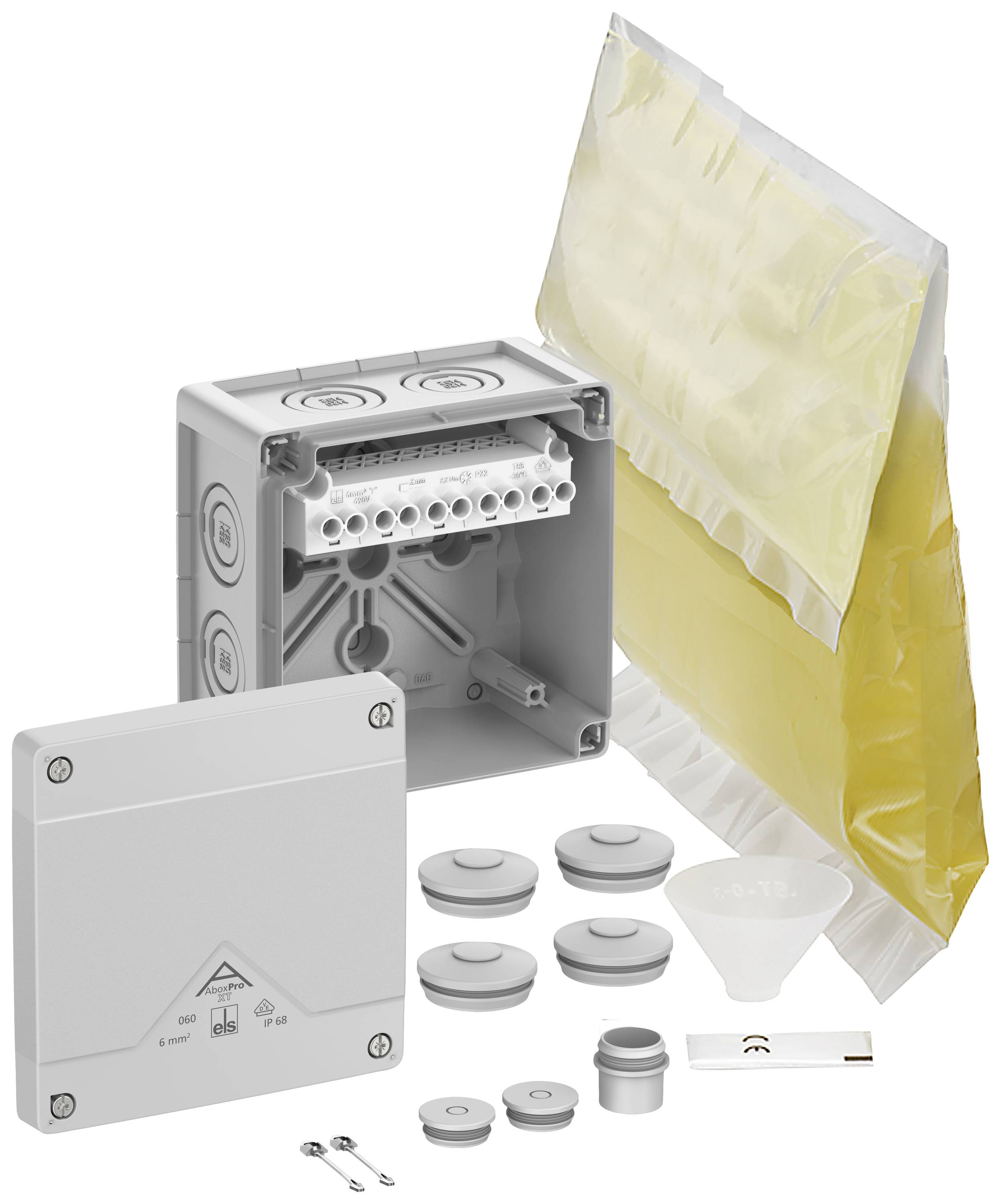 Boîte de connexion électrique avec accessoires tels que serre-câbles, capots et matériau isolant, fournie pour des besoins d'installation.