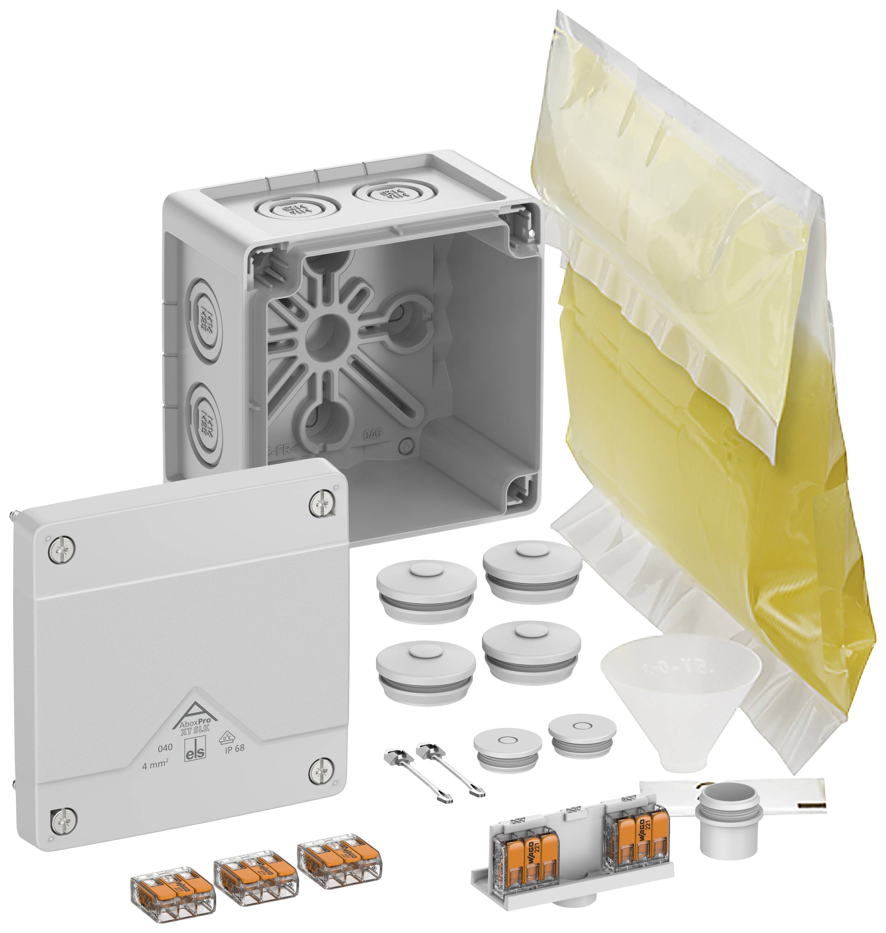 Kit d'installation électrique : boîte de jonction grise, gel de scellement jaune dans son emballage, connexions de câbles, capuchons et entonnoir.