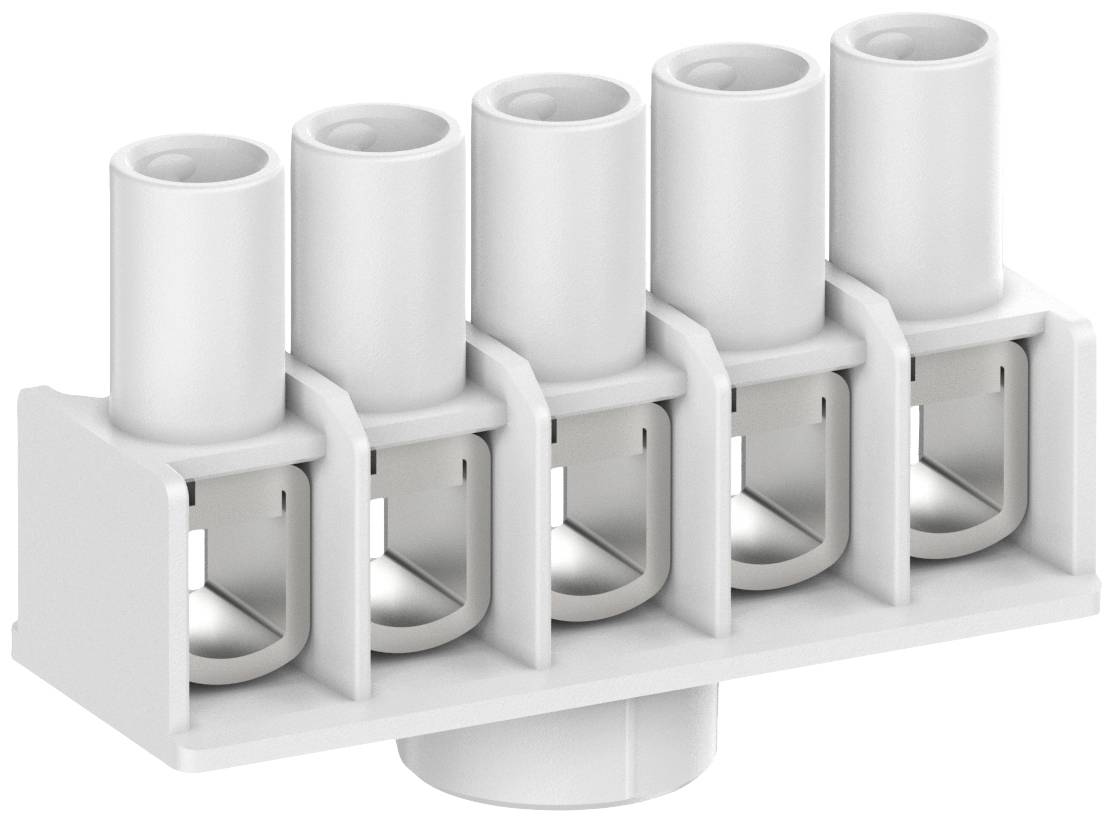 Cinq bornes de connexion sur une barrette en plastique pour le raccordement électrique de fils, adaptées aux câbles flexibles et rigides.