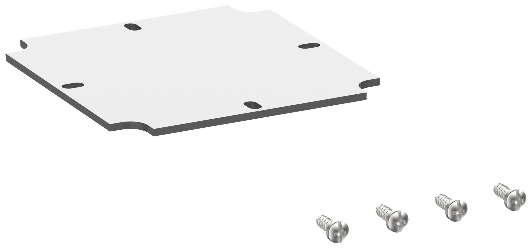 Plaque métallique avec quatre trous dans les coins, à côté de quatre vis. Adaptée pour le montage ou la fixation.