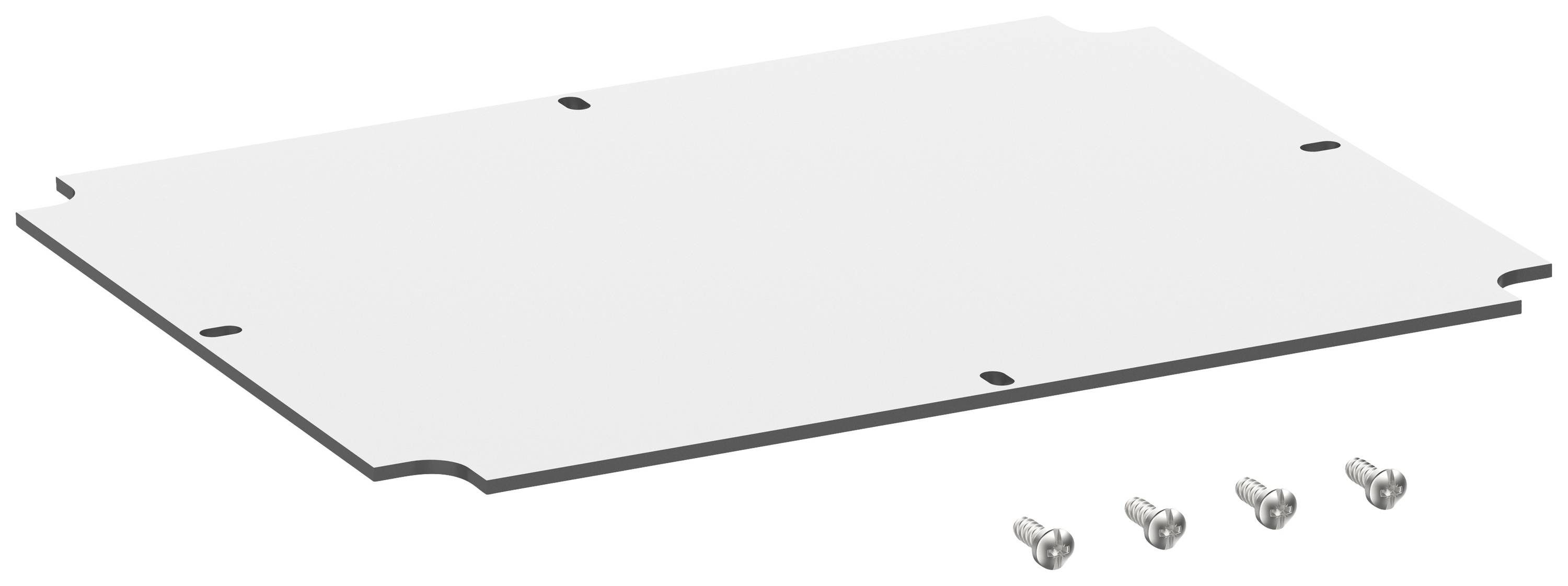 Une plaque rectangulaire en métal avec quatre vis à côté ; probablement destinée à des fins de montage.