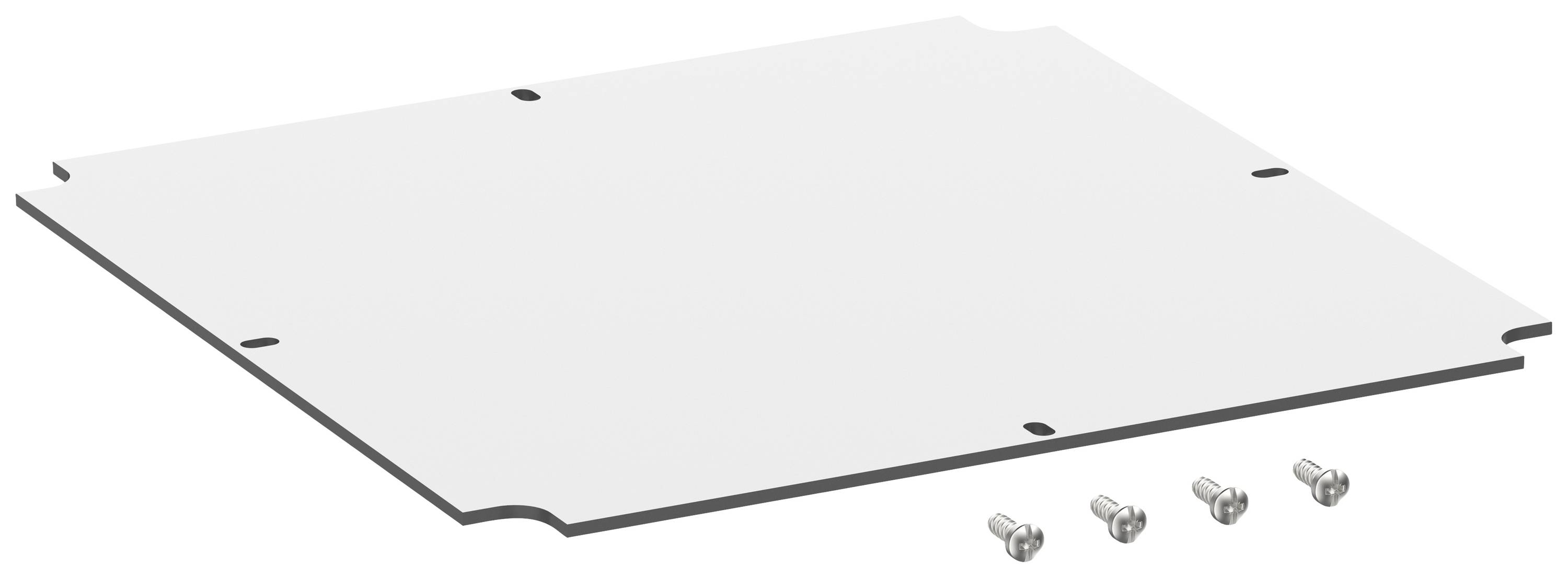 Une plaque métallique rectangulaire et plate, aux coins arrondis, avec quatre vis apparentes.