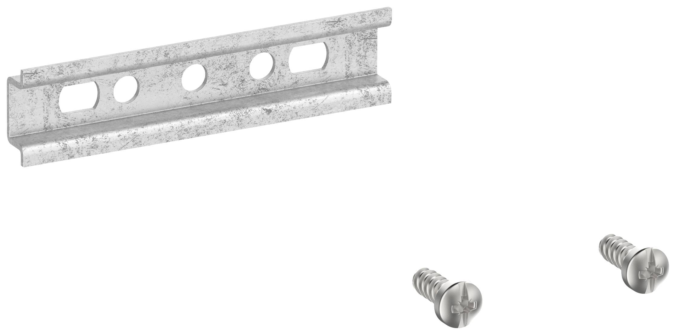 Support métallique avec quatre trous et deux vis, adapté pour la fixation sur des murs ou des meubles.