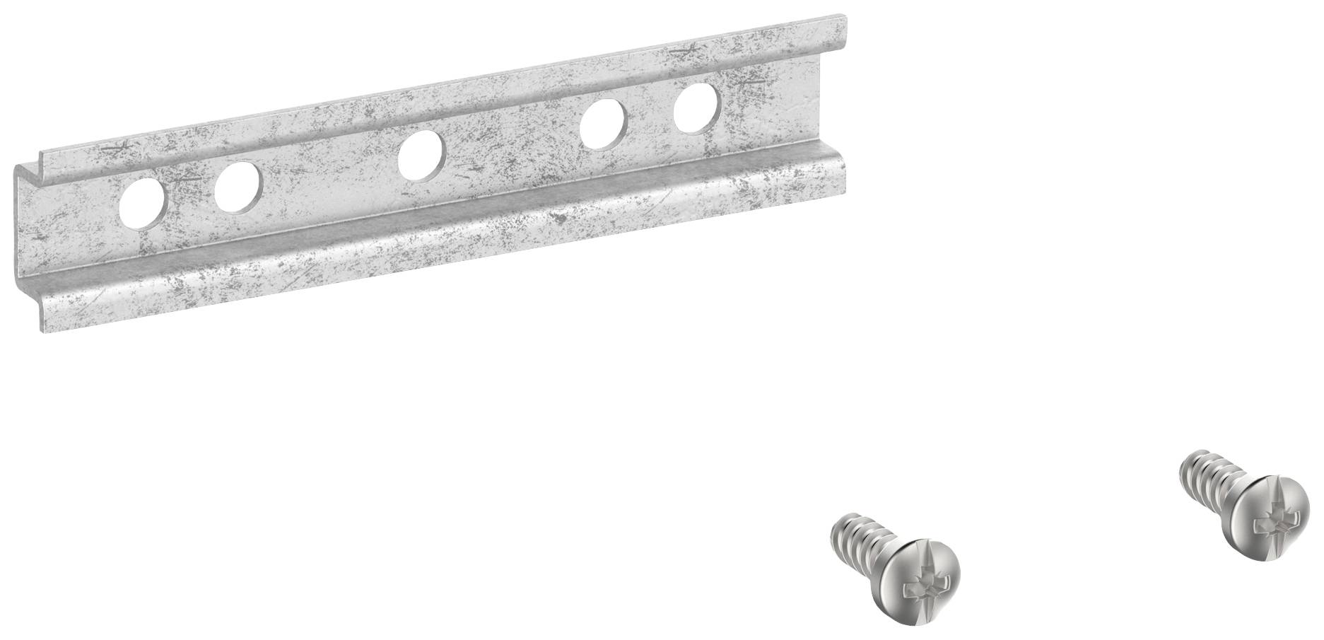 Rail métallique à cinq trous, avec deux vis à côté. Adapté pour la fixation murale ou la sécurisation d'objets lourds.
