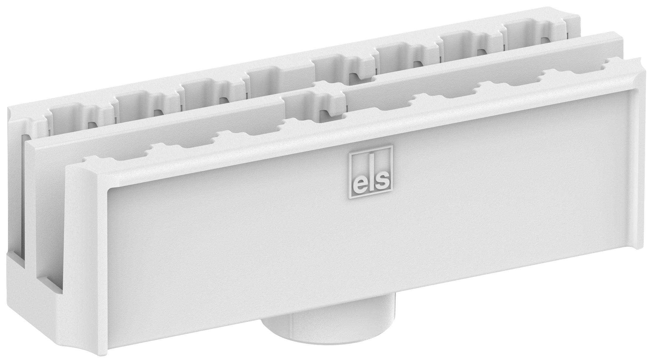 Un composant en plastique blanc avec logo de marque, probablement un collier de fixation ou un adaptateur. Adapté aux applications électriques.