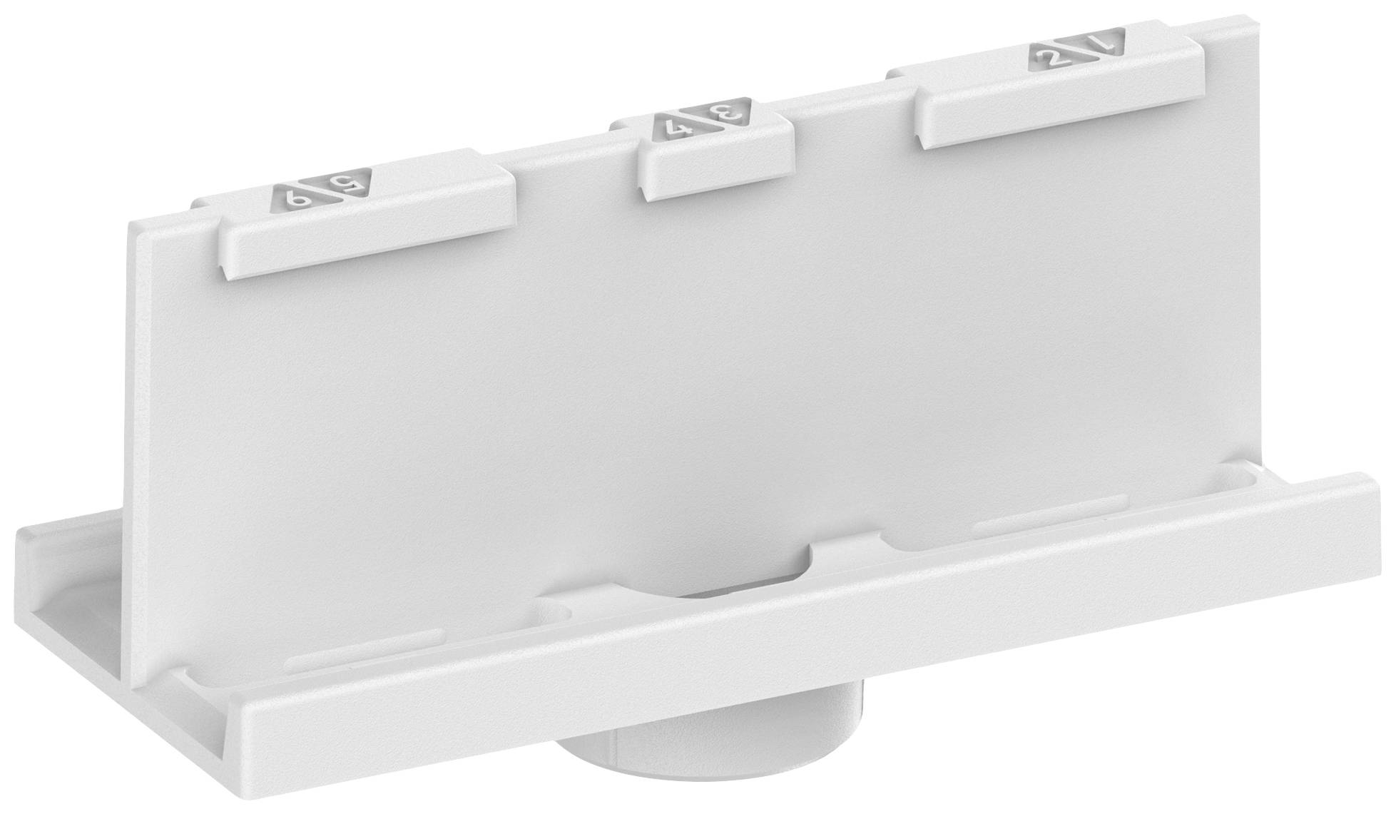 Pièce en plastique avec trois clips, probablement un élément de fixation ou un support. Design simple, blanc, sans marquage de marque visible.