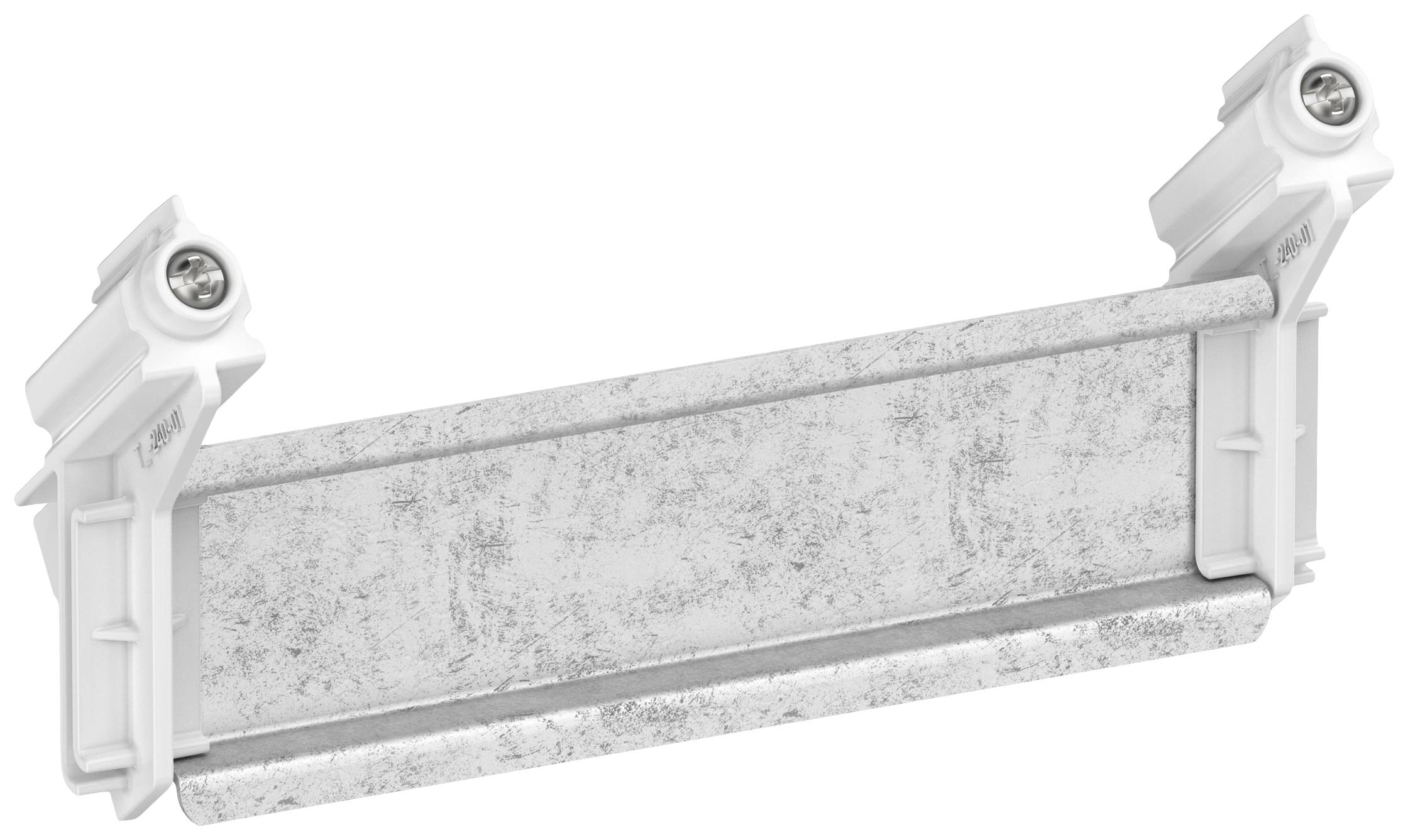 Connecteur blanc en plastique et métal, probablement destiné à des applications de construction ou électriques, avec deux têtes de vis à ses extrémités.