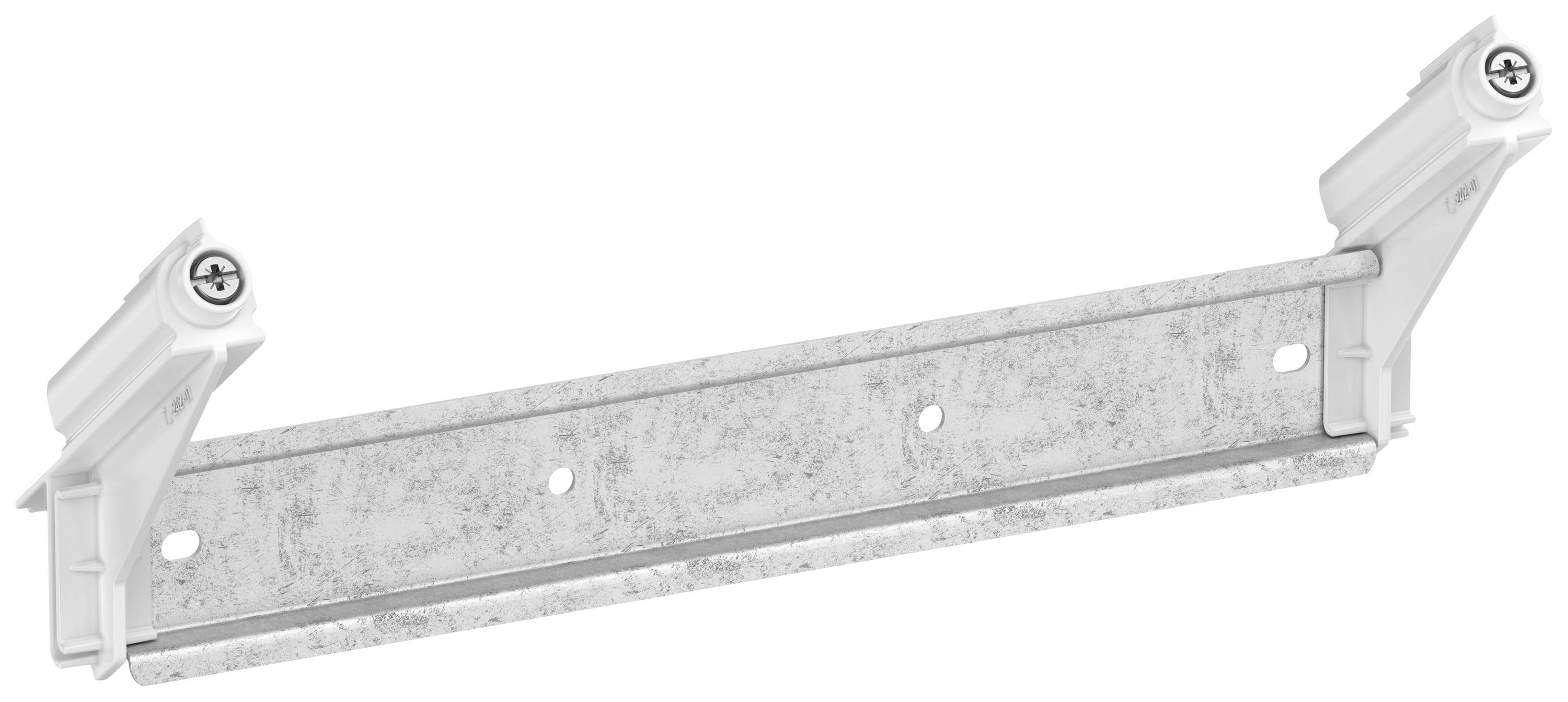 Support métallique à trois trous, fixé entre deux éléments latéraux blancs en plastique. Adapté pour des tâches de montage.