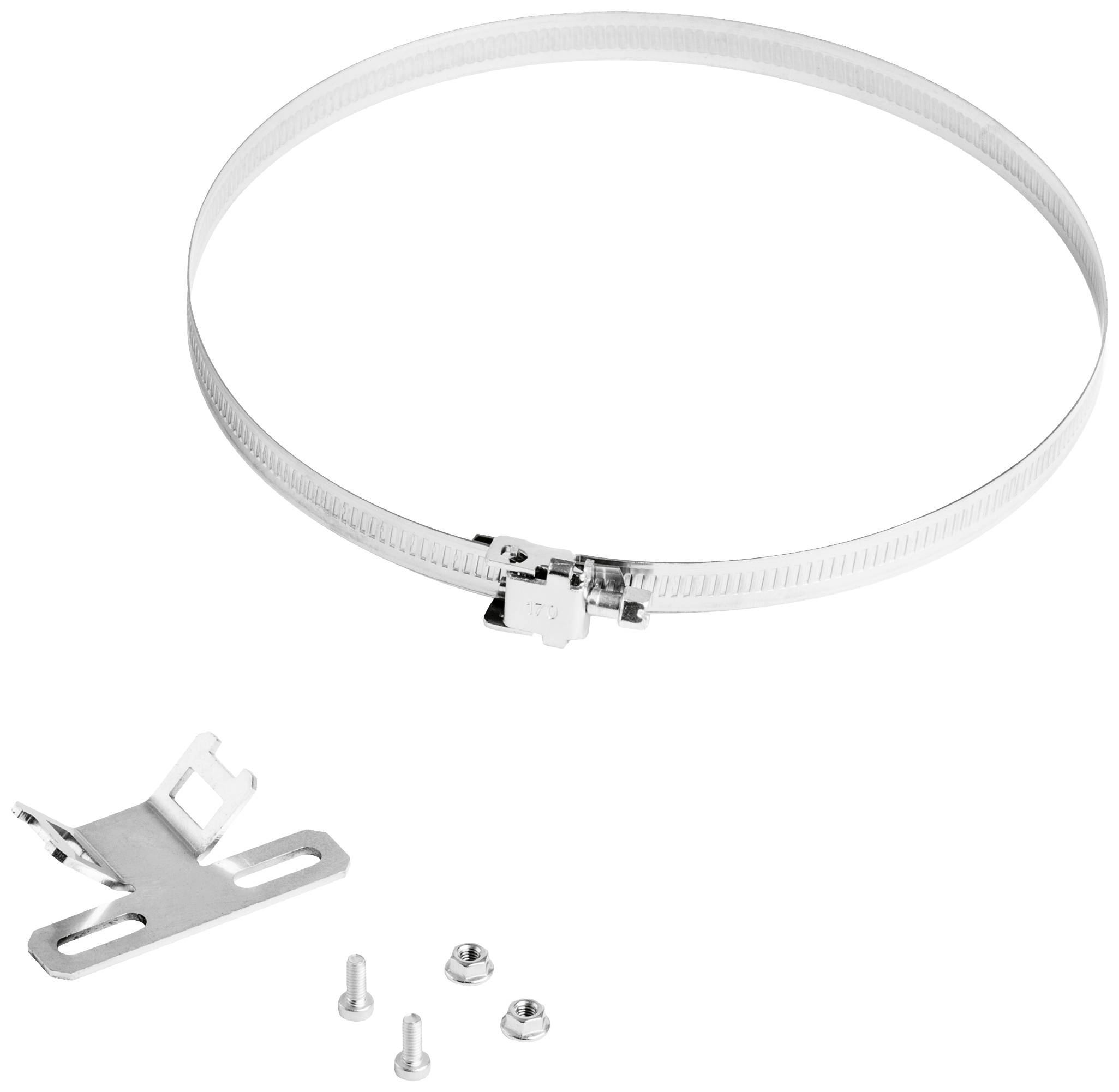 Collier de serrage métallique avec plaque de fixation et vis, pour le montage de tuyaux ou de flexibles.