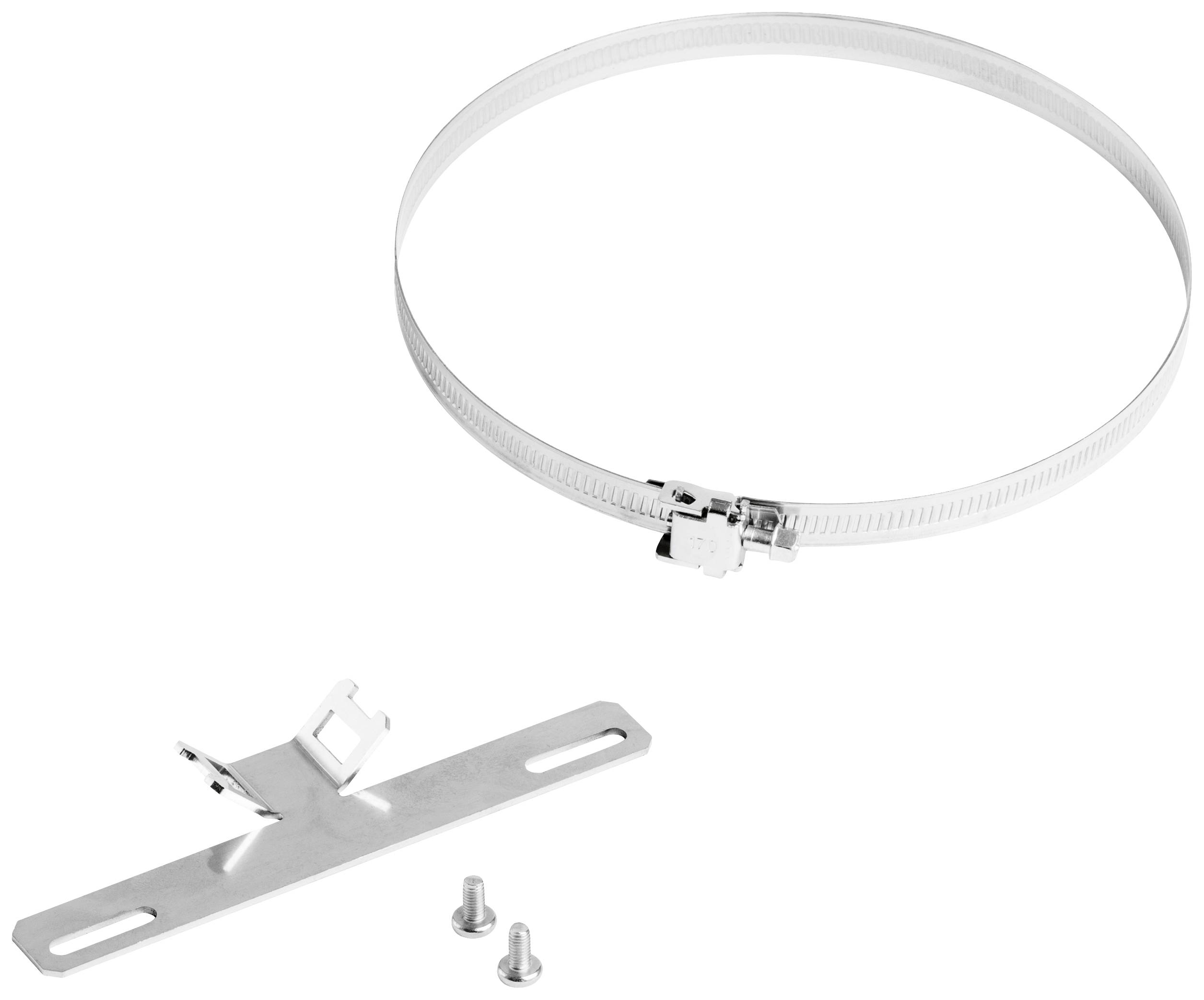 Anneau de fixation métallique avec support et deux vis. Adapté pour la fixation d'accessoires ou d'équipements sur des murs ou des poteaux.