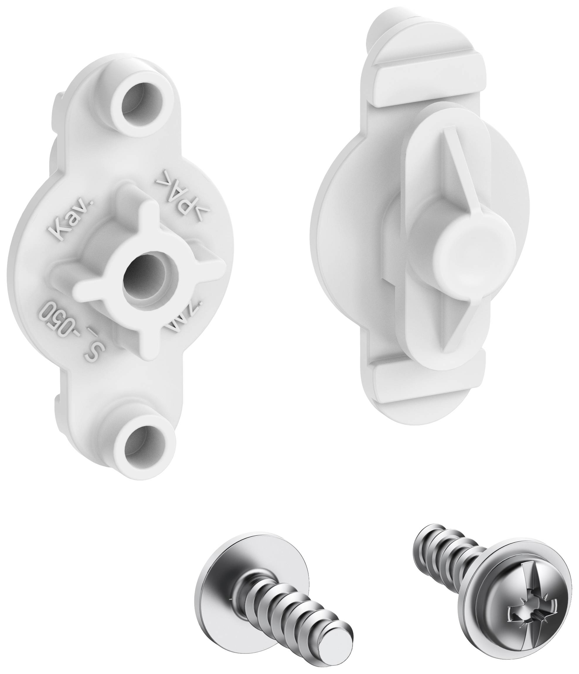 Deux éléments de fixation blancs avec une partie centrale circulaire et des cavités disposées en forme de croix, ainsi que les vis métalliques correspondantes.