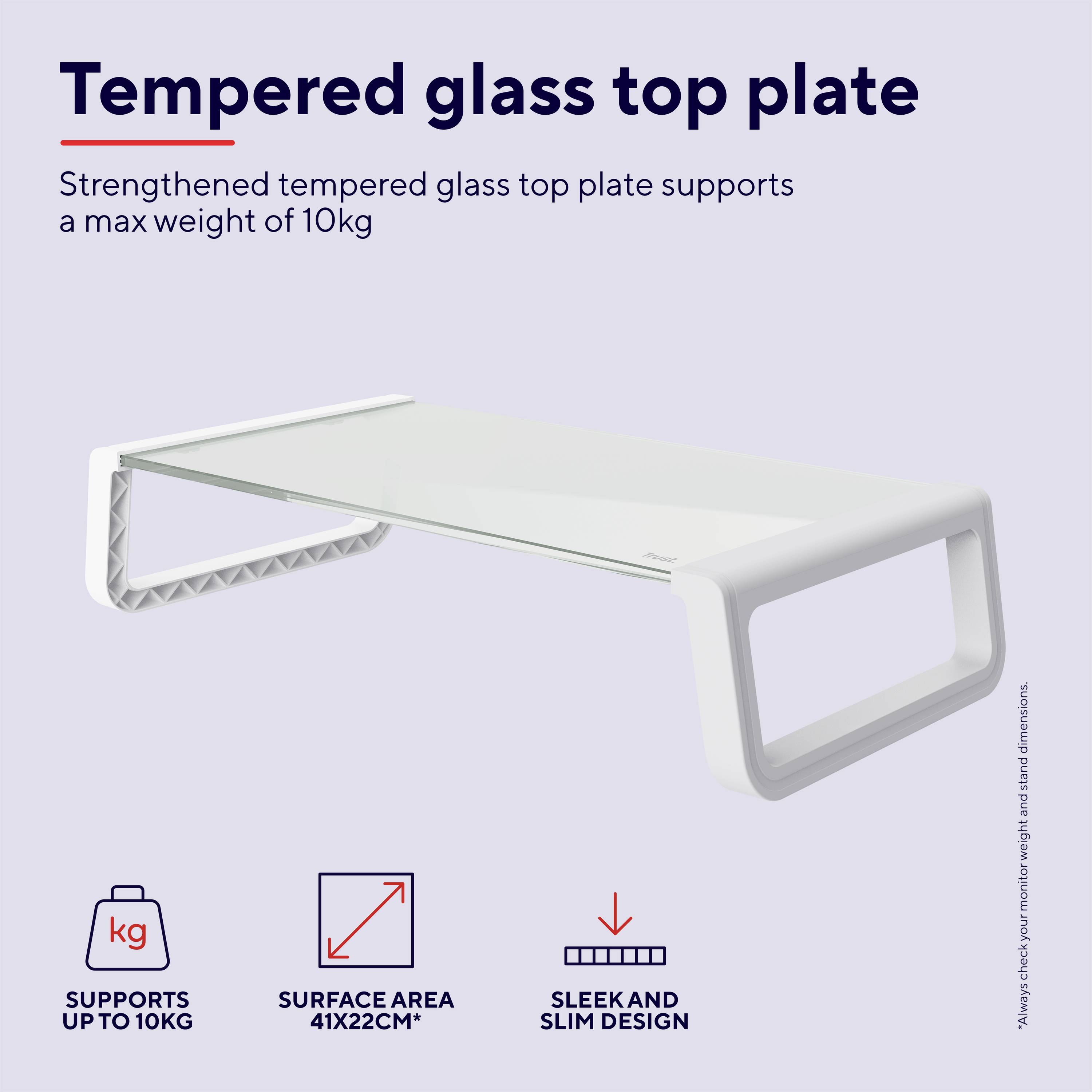 Plaque de dessus en verre trempé. Plaque de dessus en verre trempé renforcé supportant un poids maximal de 10 kg. Surface de 41x22 cm.
