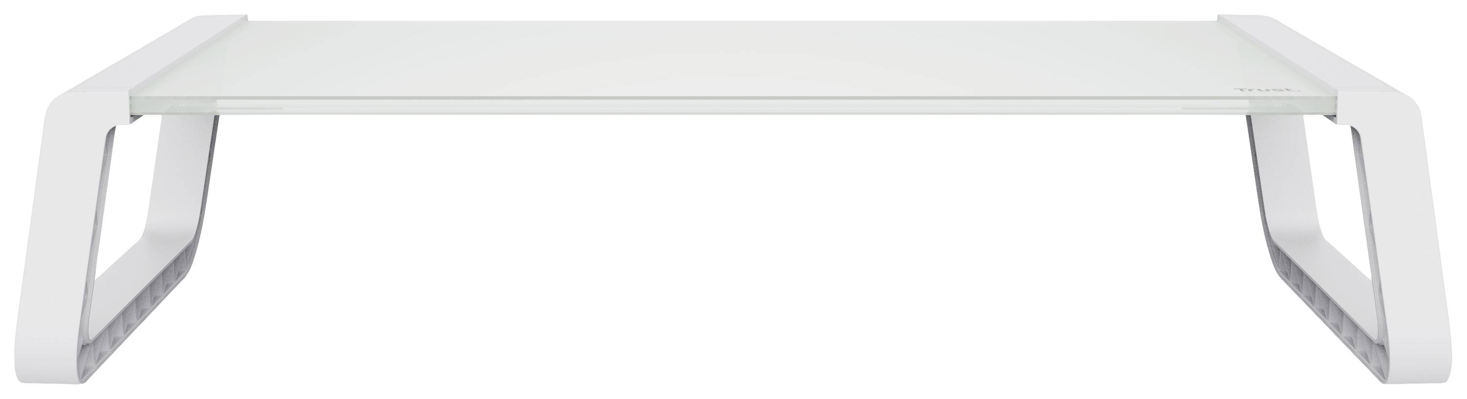 Un support de moniteur minimaliste en verre et métal blanc avec des côtés incurvés. Idéal pour optimiser votre espace de travail.
